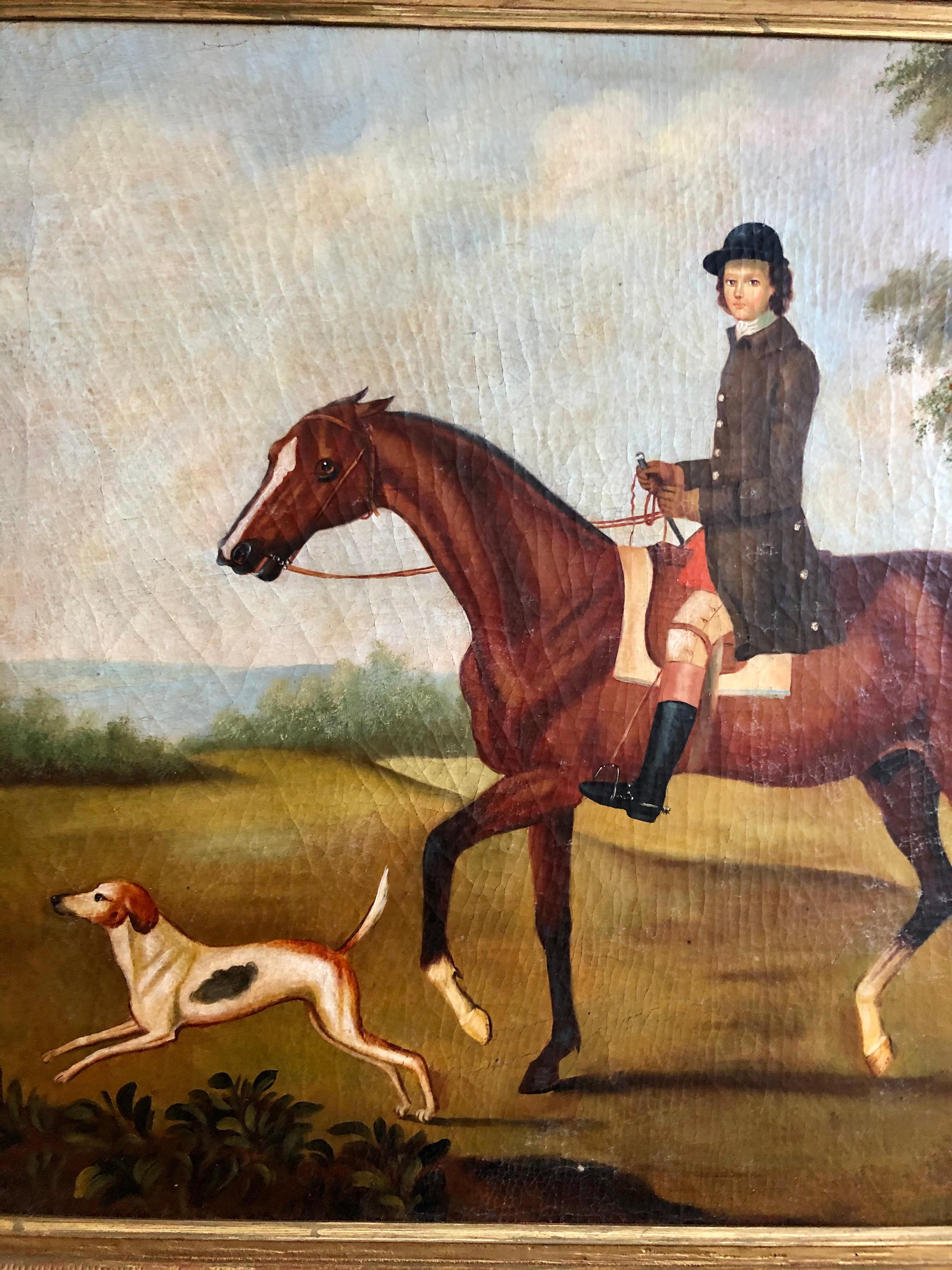 Naive school either English or American, presented in a period carved and gilded frame. The painting is unsigned and was relined long ago. There is craquelure and some dirty varnish, but present well overall. Perfect for the country house or