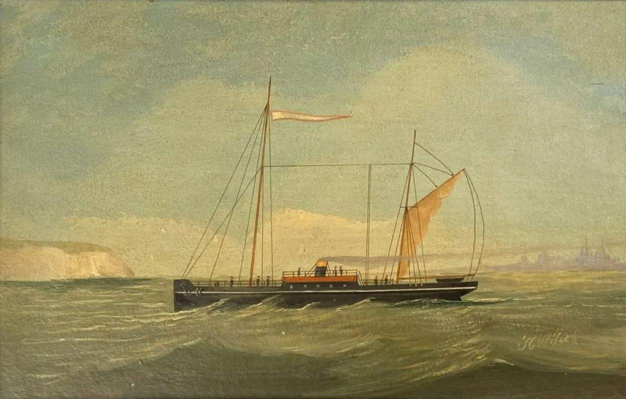 Petite peinture maritime à l'huile sur carton représentant un yacht à vapeur avec une voile de gouvernail, vers 1890, dans un cadre peint. Signé indistinctement 