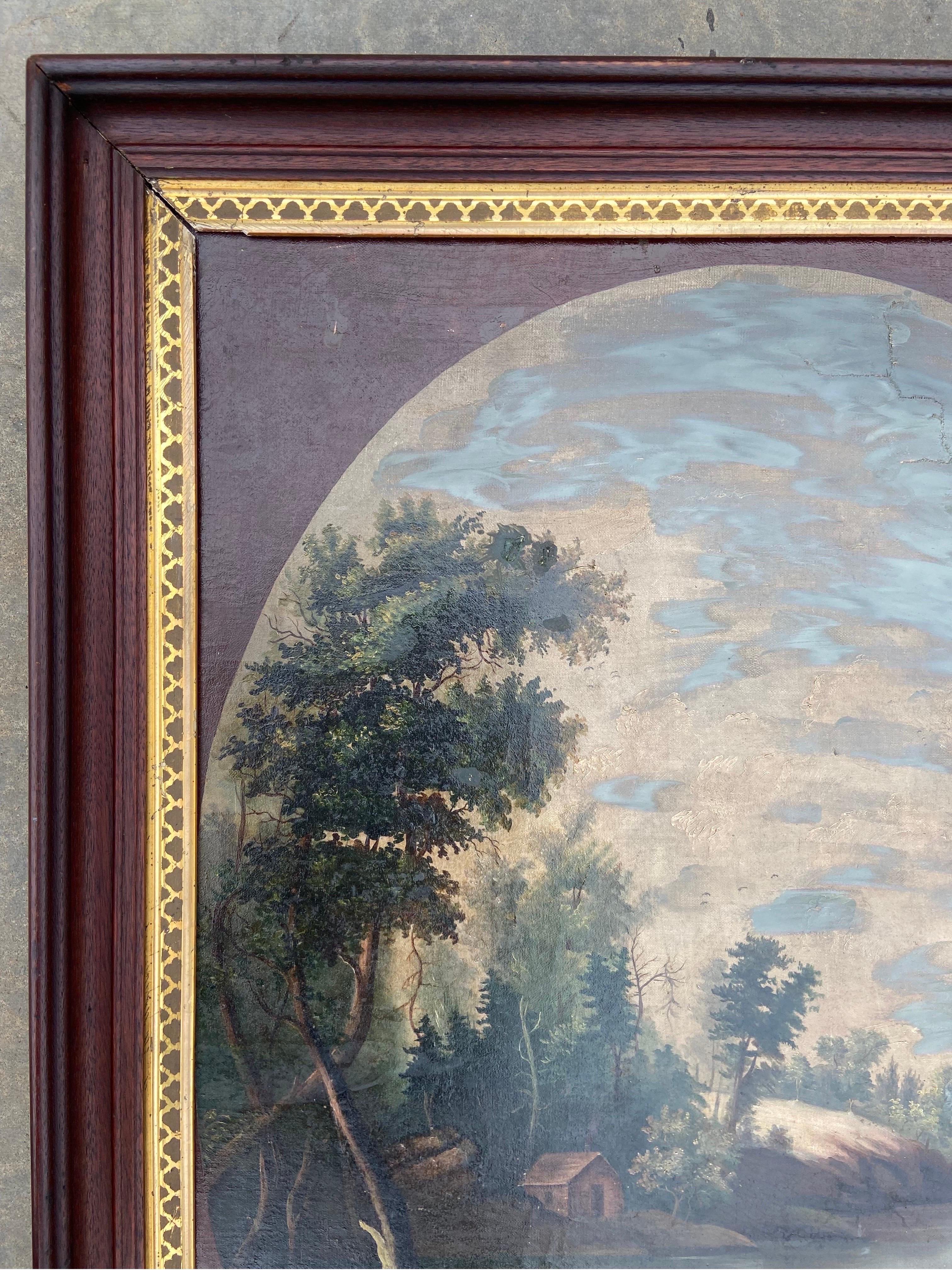 A mid to late 19th Century antique oil on canvas landscape painting done in the style of American artist Albertus del Orient Browere. This painting is done in oval form on a rectangular canvas and stretcher. The portions to be covered by the