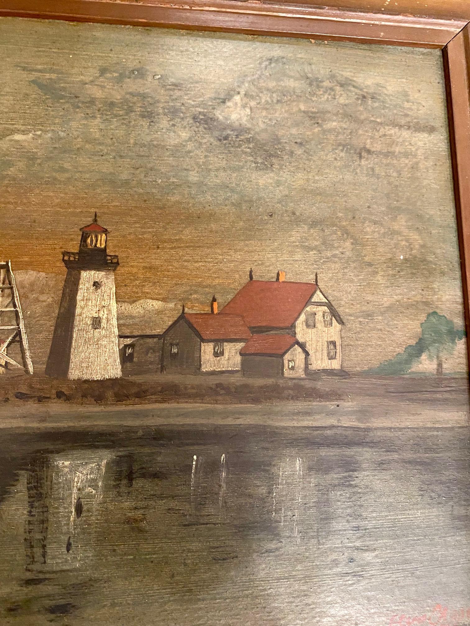 19th Century Painting of Island Lighthouse in Maine, signed E. Chase, an oil on board folk art painting of what appears to be Nash Island Light in Maine with square light tower, A-frame bell tower and keeper's cottage on narrow spit of land, signed