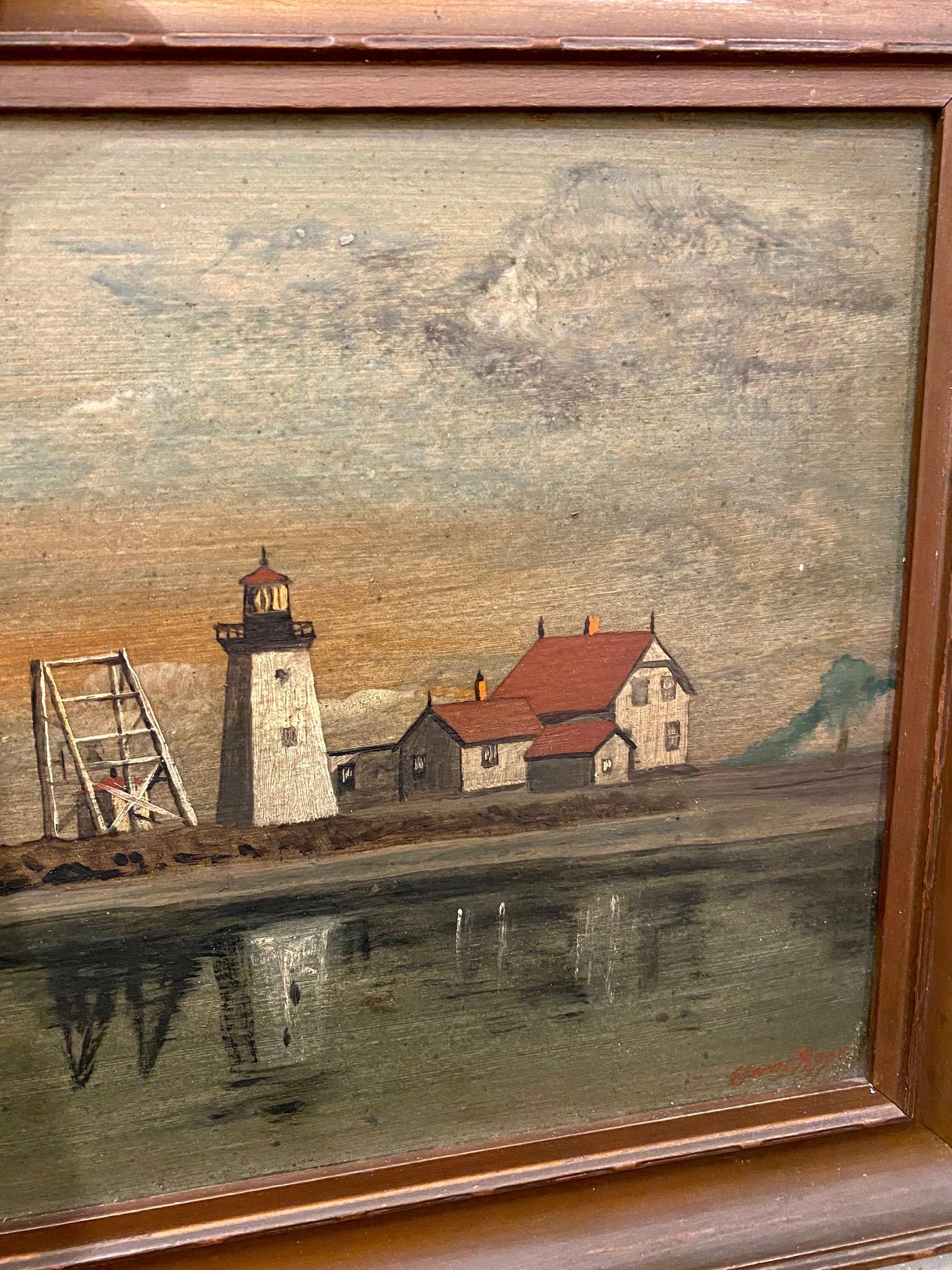 Folk Art 19th Century Painting of Island Lighthouse in Maine, Signed E. Chase For Sale