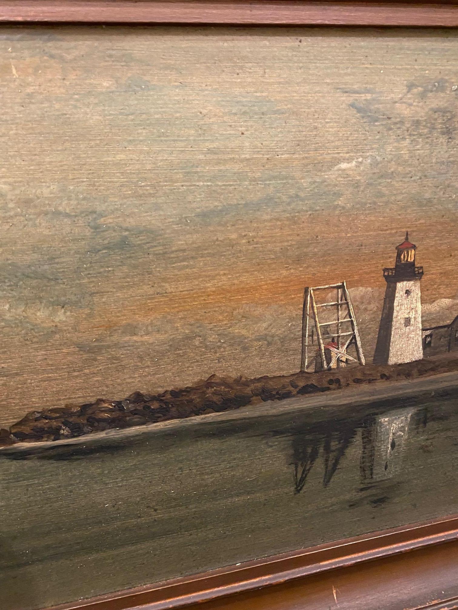 American 19th Century Painting of Island Lighthouse in Maine, Signed E. Chase For Sale