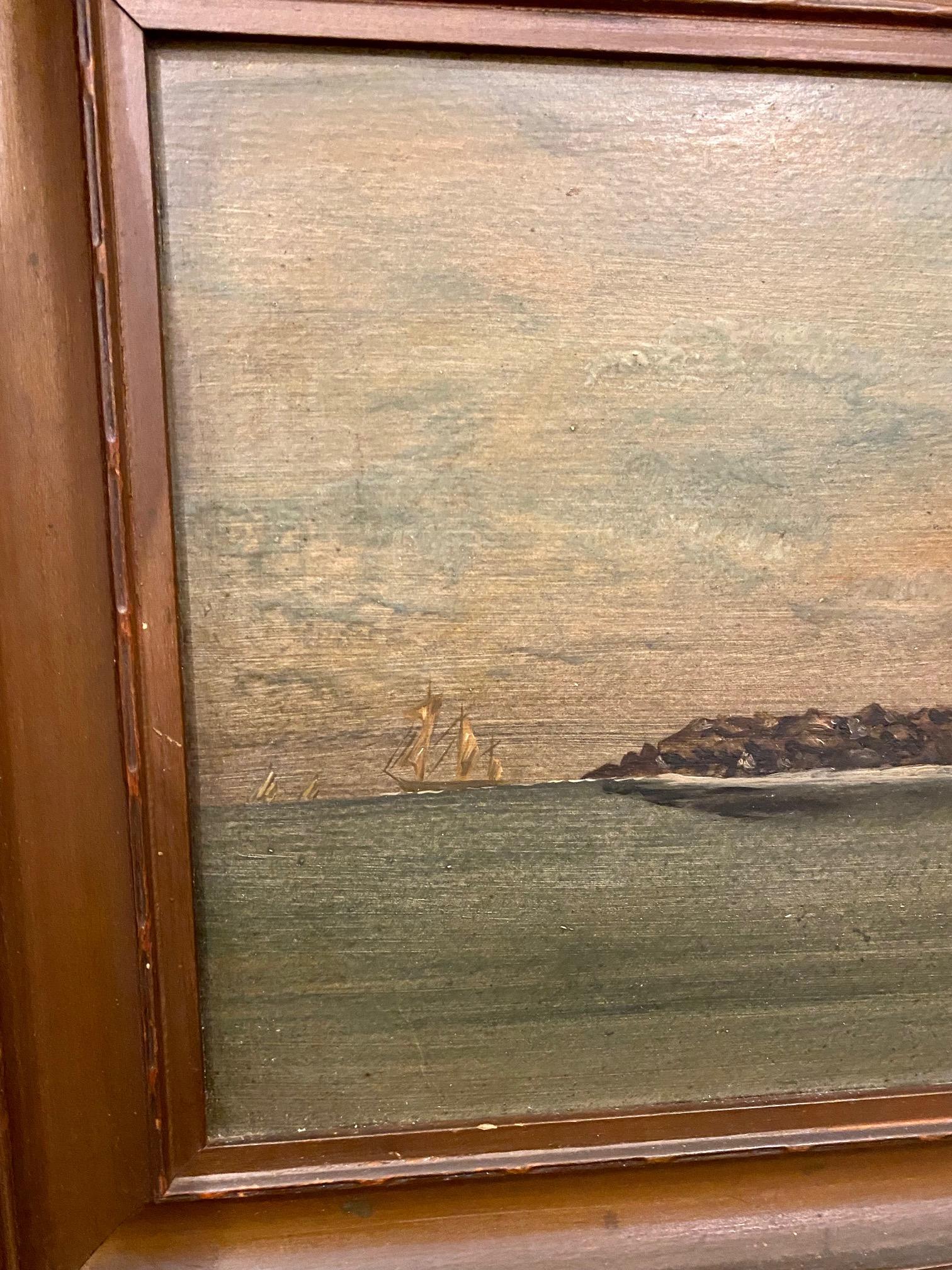Hand-Painted 19th Century Painting of Island Lighthouse in Maine, Signed E. Chase For Sale