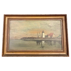 19th Century Painting of Island Lighthouse in Maine, Signed E. Chase