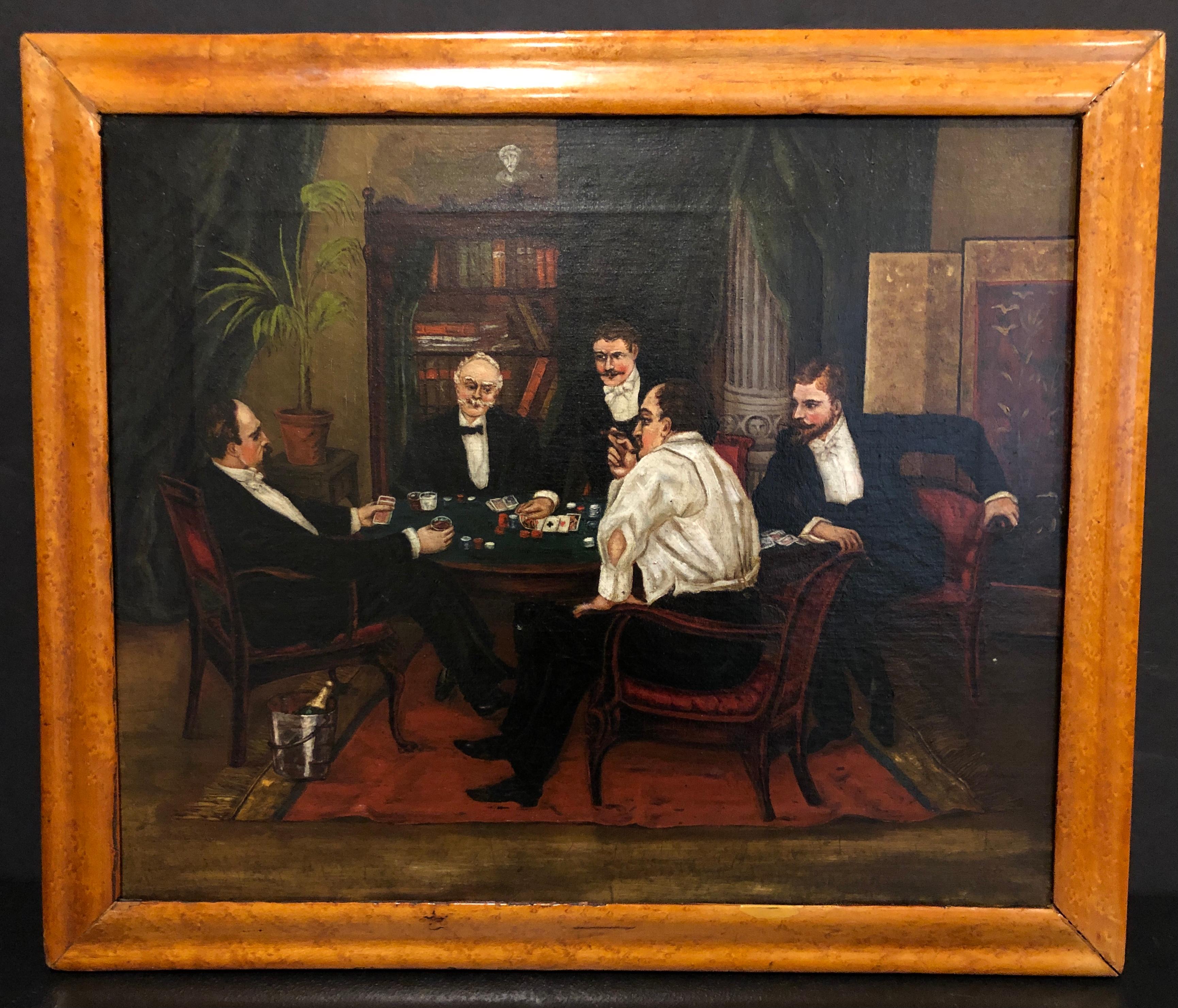Signed American oil on canvas 19th century painting of men gambling. 