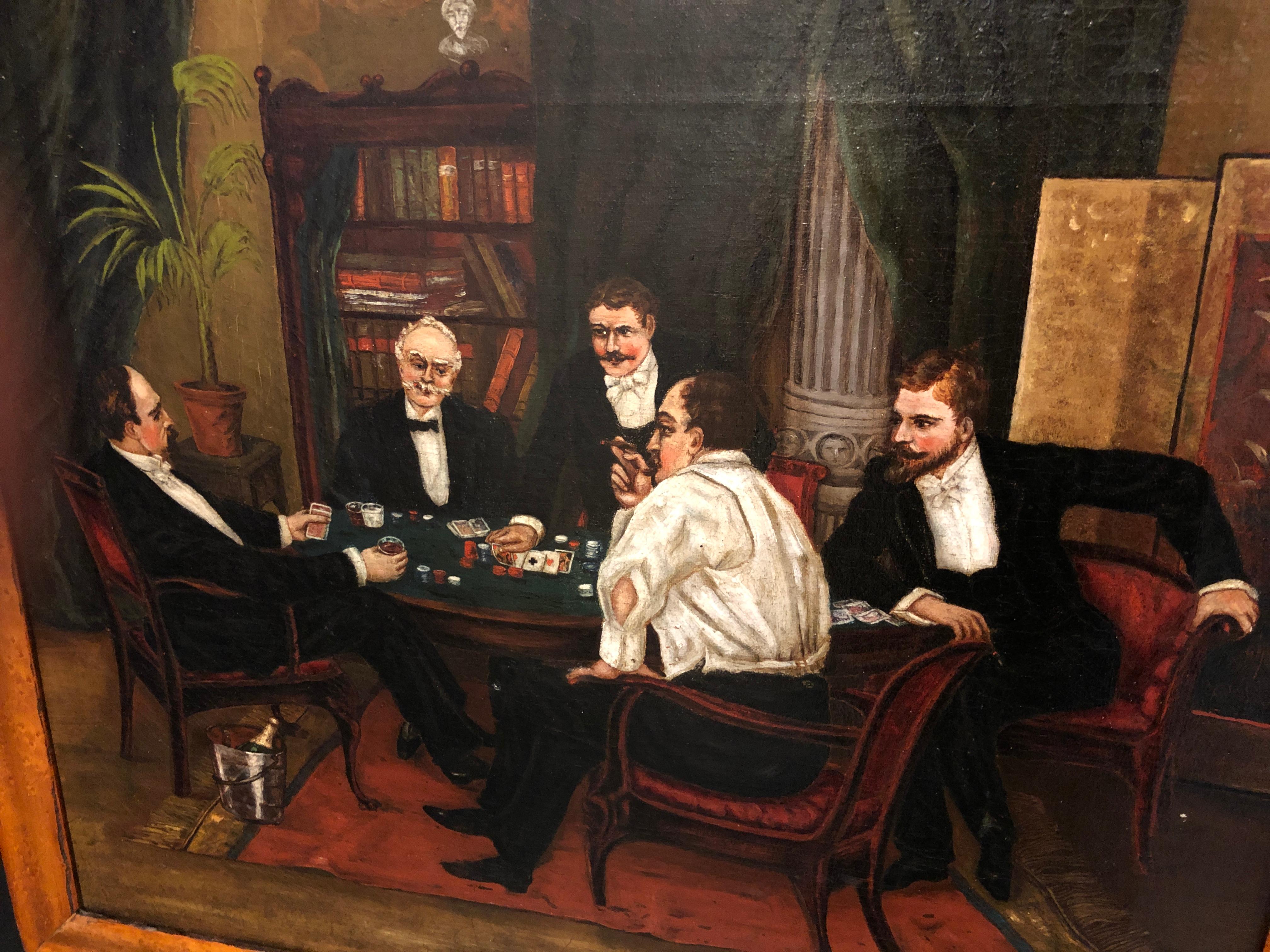 Hand-Painted 19th Century Painting of Men Gambling