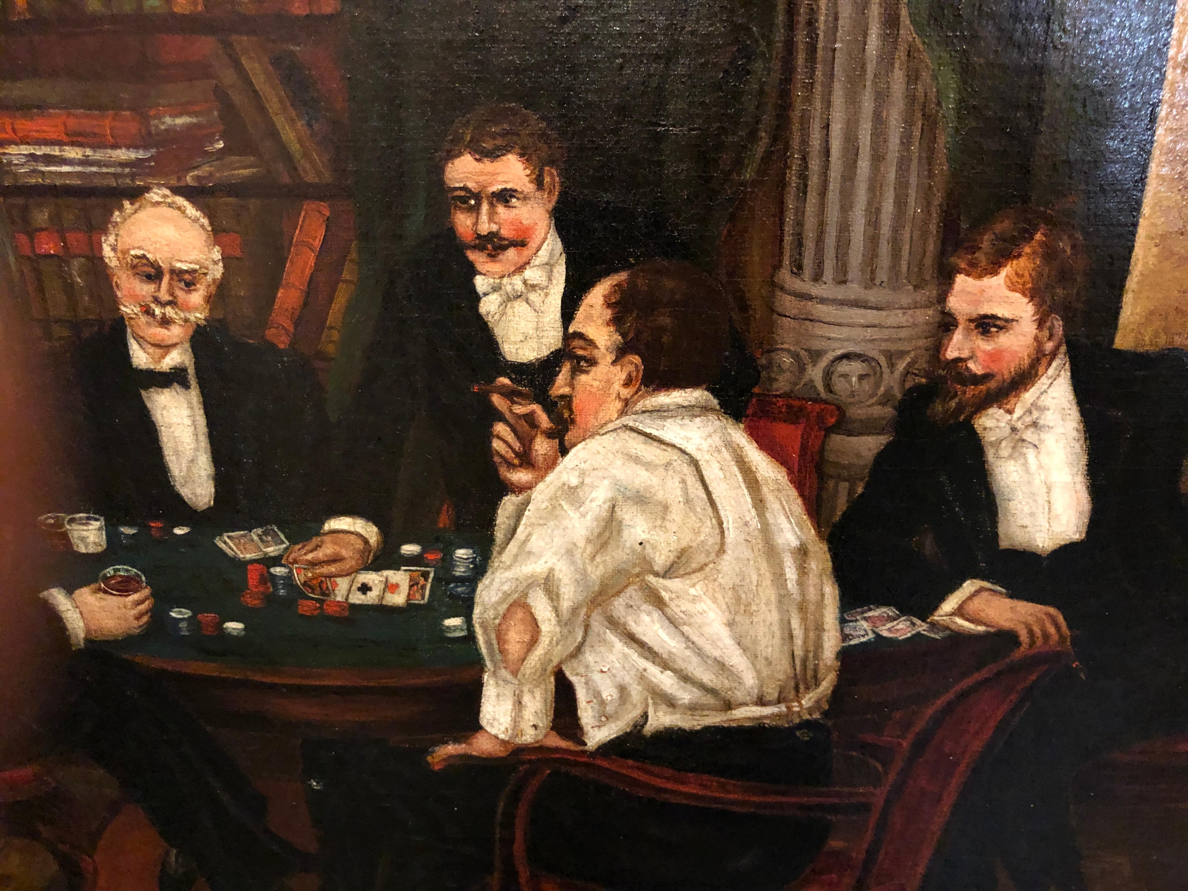 Hand-Painted 19th Century Painting of Men Gambling