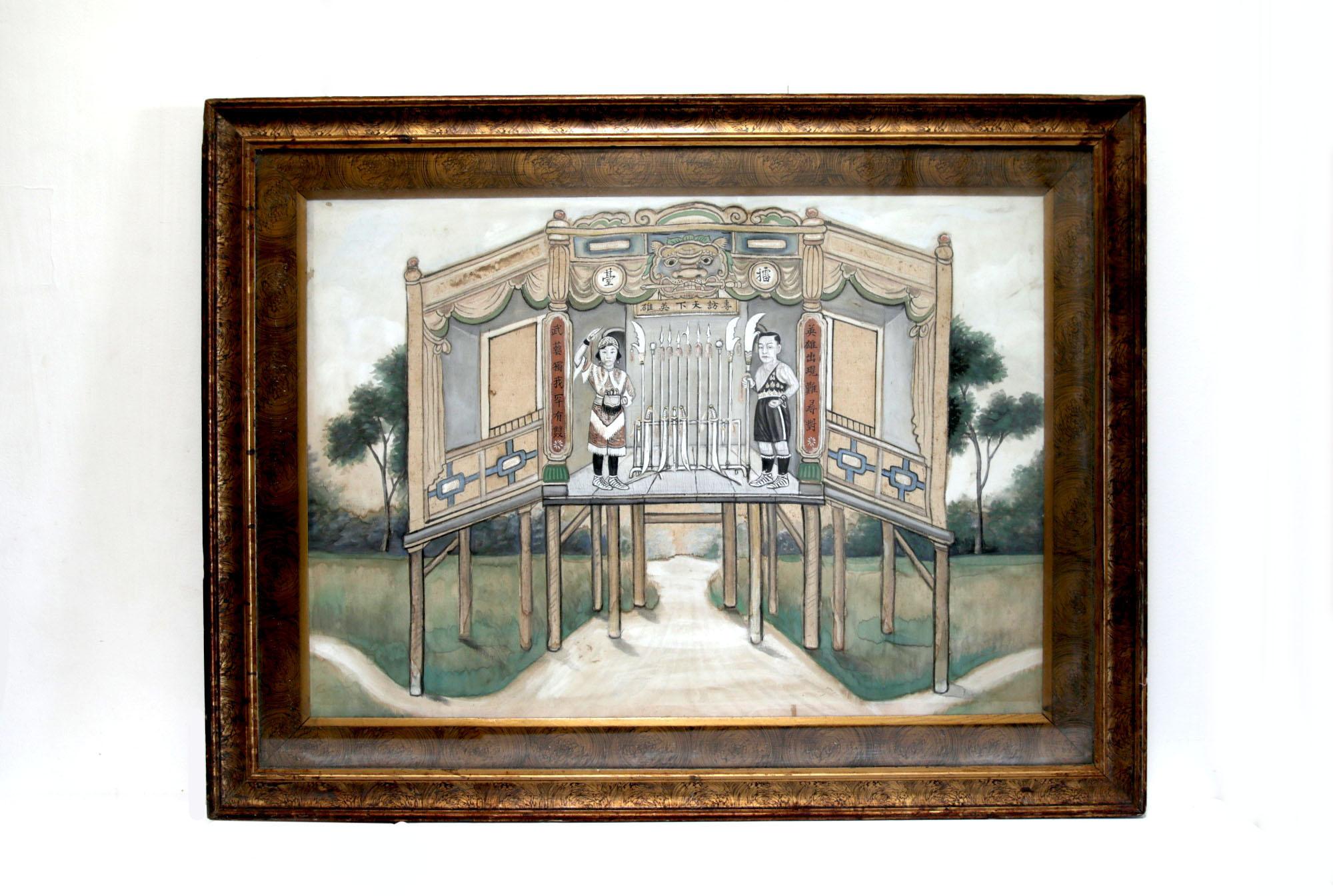 19th Century Painting of Men in Armory in Gilt Burl Frame, from Laos or Thailand For Sale 8