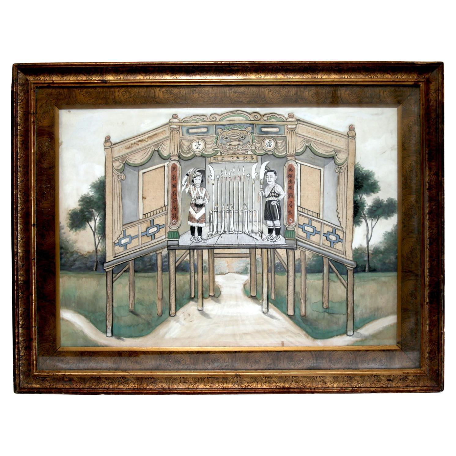 19th Century Painting of Men in Armory in Gilt Burl Frame, from Laos or Thailand For Sale