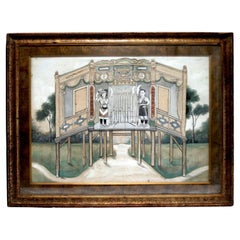 19th Century Painting of Men in Armory in Gilt Burl Frame, from Laos or Thailand