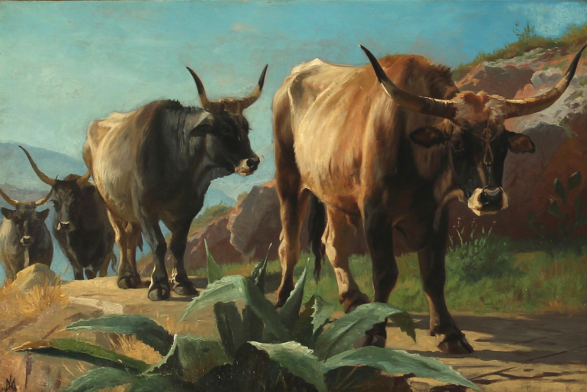 Painting of a herd of oxen on a mountain trail in Olevano, Italy. Signed with monogram. Inscribed on the stretcher Olevano 1871. The painting mounted in a giltwood frame. The painting by artist Adolf Mackeprang (b. Langesø near Odense 1833, d.