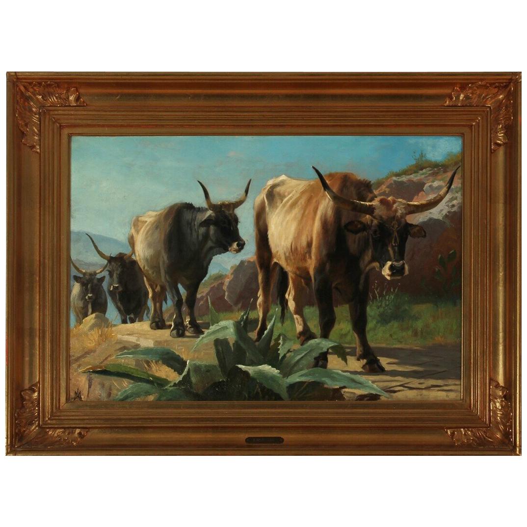 19th Century Painting of Oxen in Italy by Danish Painter Adolf Mackeprang For Sale
