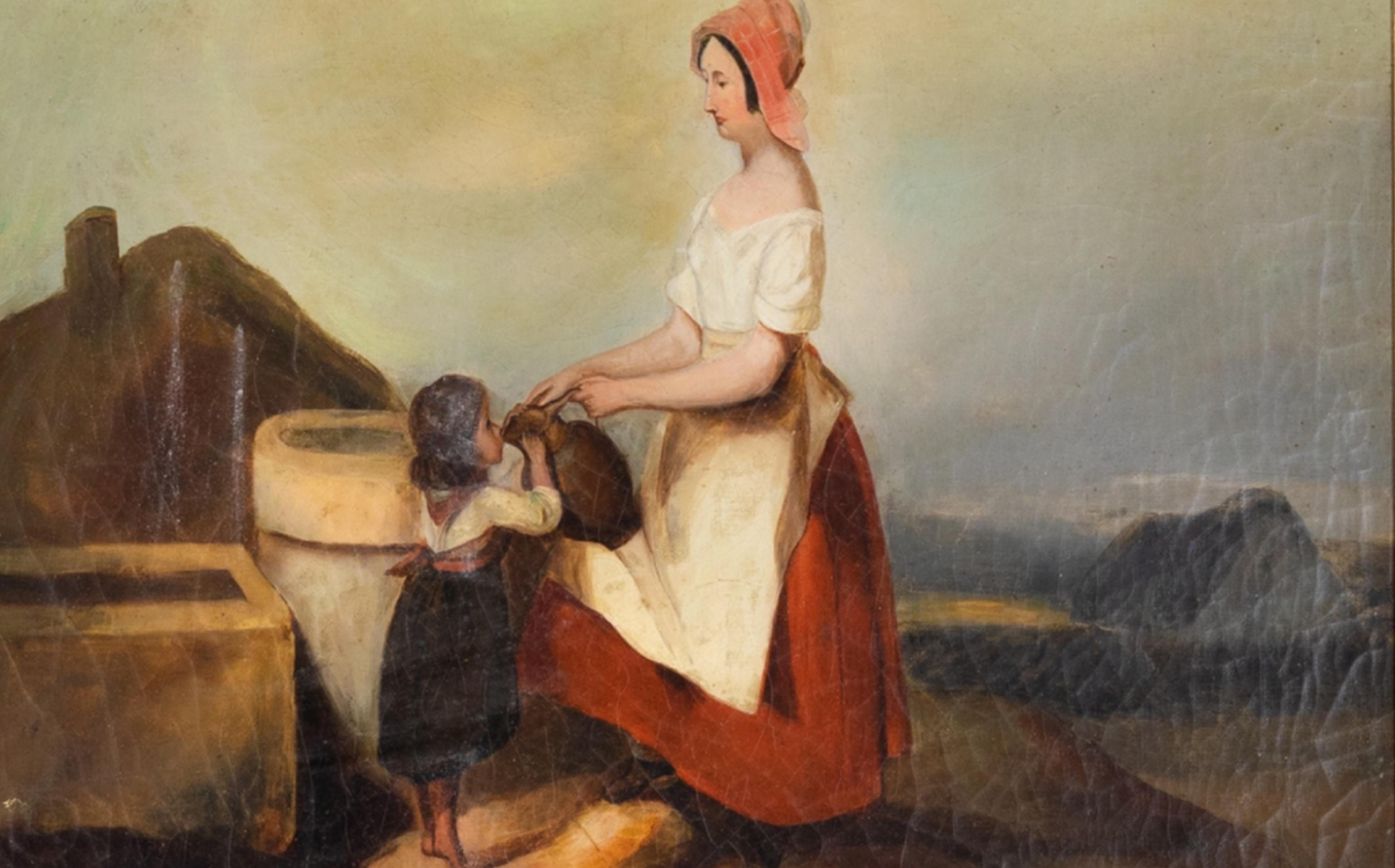 Oiled 19th Century Painting, Woman And Child By E . Picart For Sale