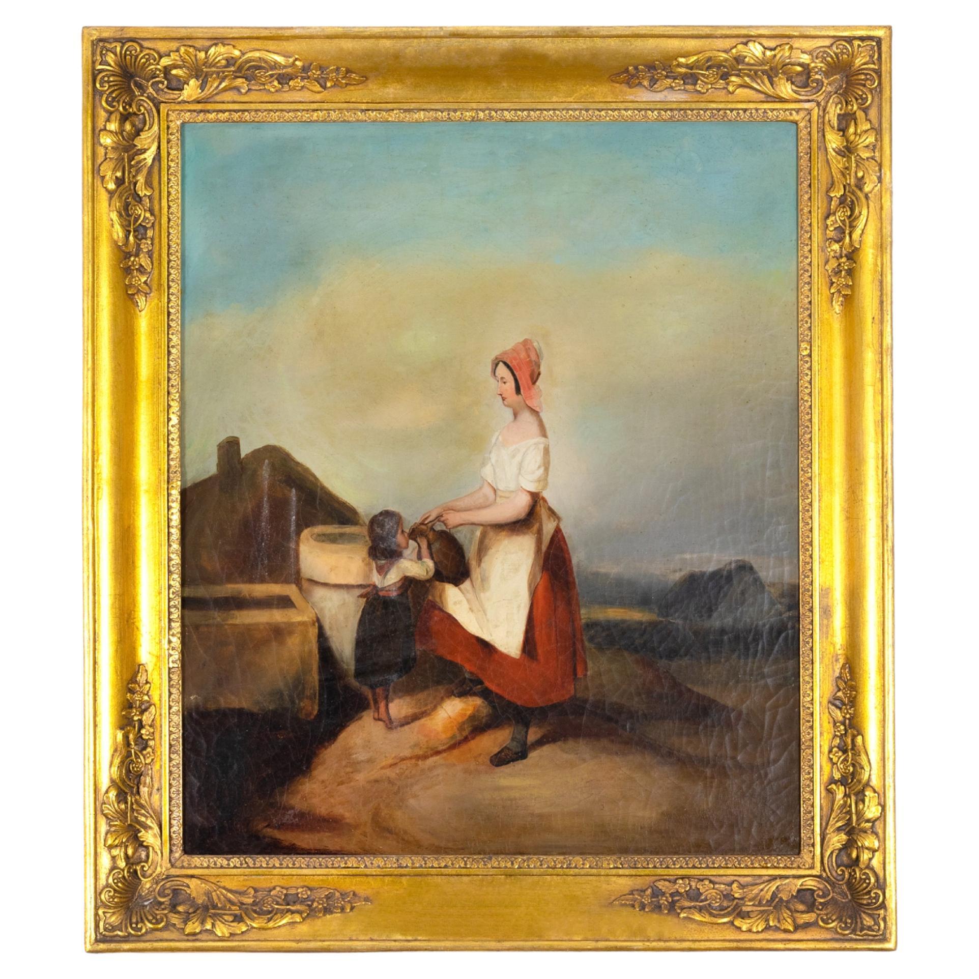 Peinture du 19e siècle, Femme et enfant par E . Picart en vente