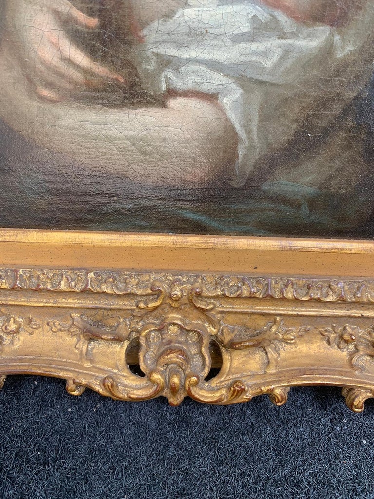 19th Century Painting of Woman Holding Rabbit in Giltwood Frame 3