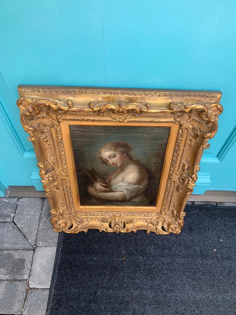 19th Century Painting of Woman Holding Rabbit in Giltwood Frame 6
