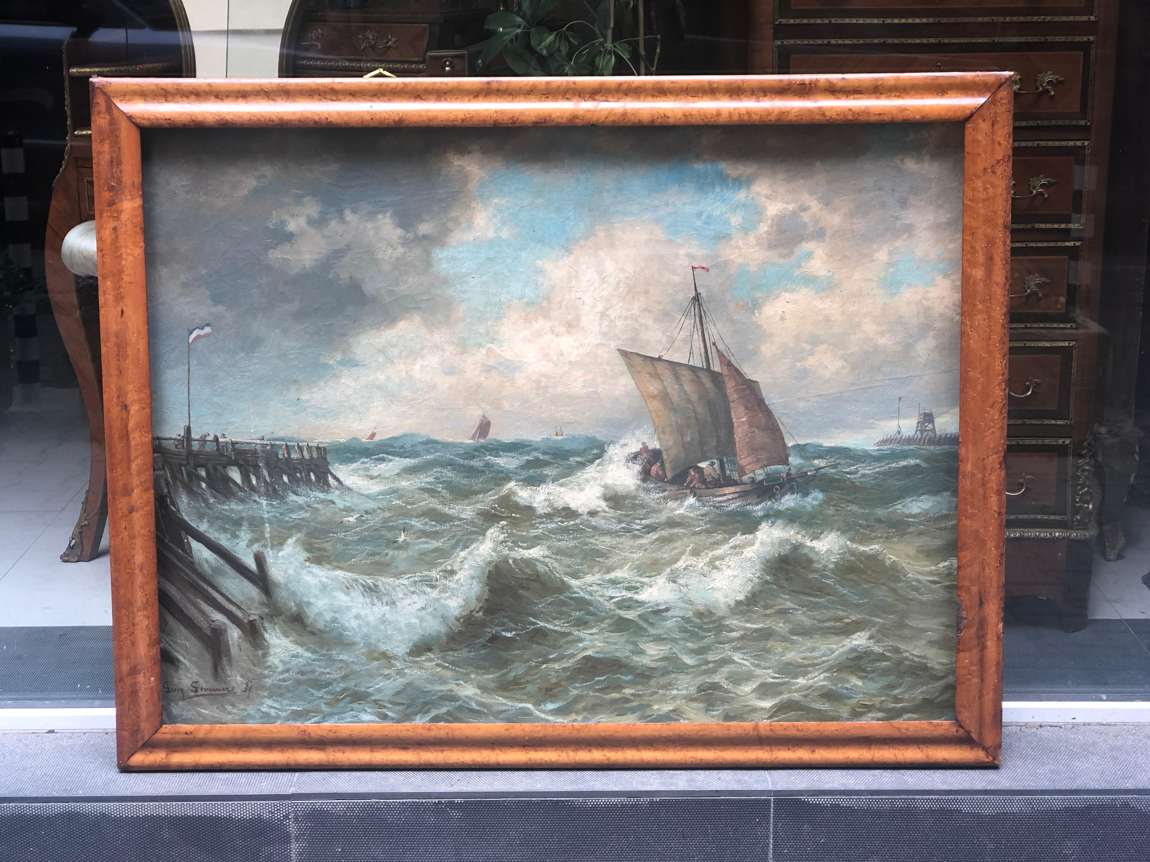 Tableau du peintre allemand Georg Sommer (1848-1917) - huile sur toile représentant un bateau proche du port mais toujours happé par les vagues déchaînées...
Cadre en palissandre.
Allemagne, vers 1890