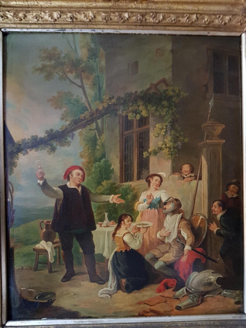 19th century painting in the style of Sir David Wilkie (1785-1841) depicting a soldier is provided with food and drink by several people, oil on panel in gilded pate list.

The measurements are included. Frame,
Depth 7 cm/ 2.7 inch.
Width 42.5