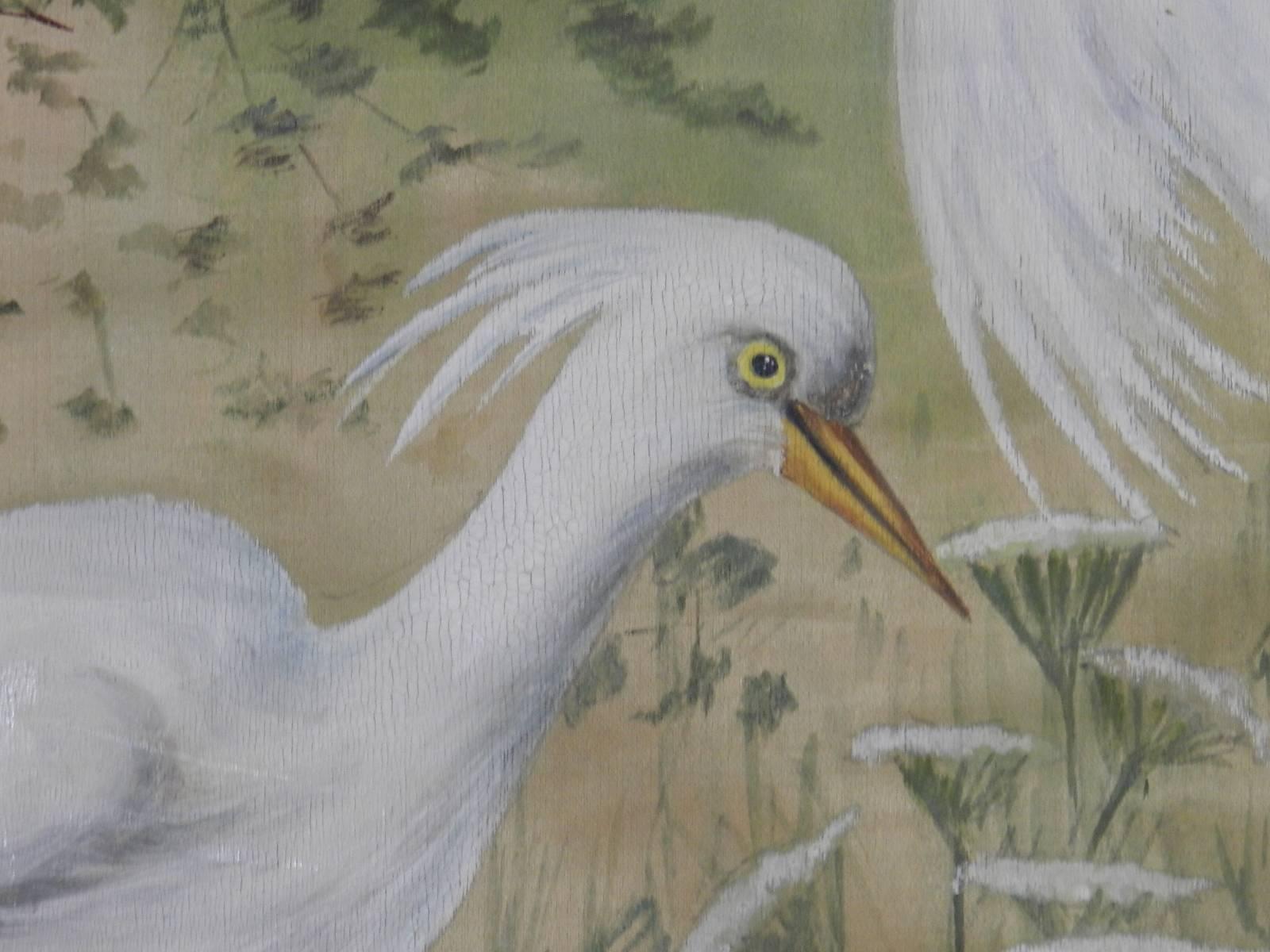 Mid-Century Modern 19th Century Painting on Silk Cranes Signed Ines Maisonnabe Chinoiserie For Sale