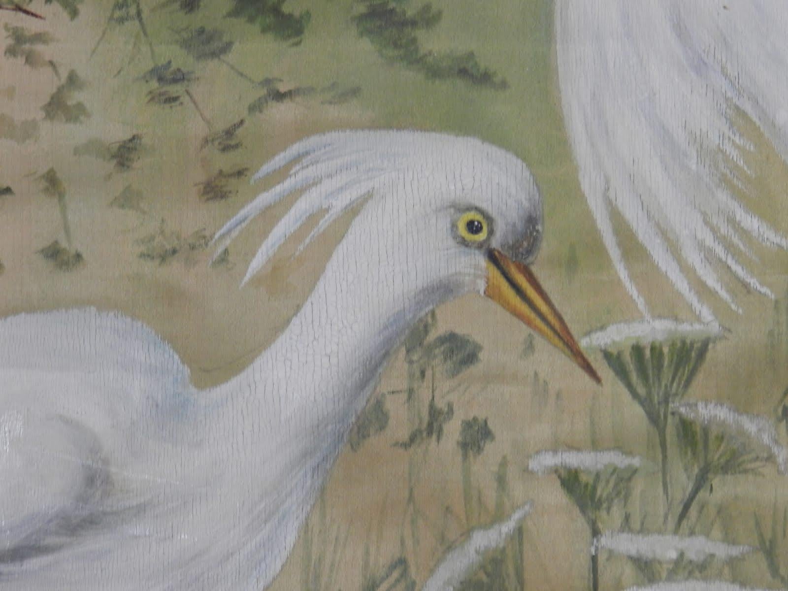 French 19th Century Painting on Silk Cranes Signed Ines Maisonnabe Chinoiserie