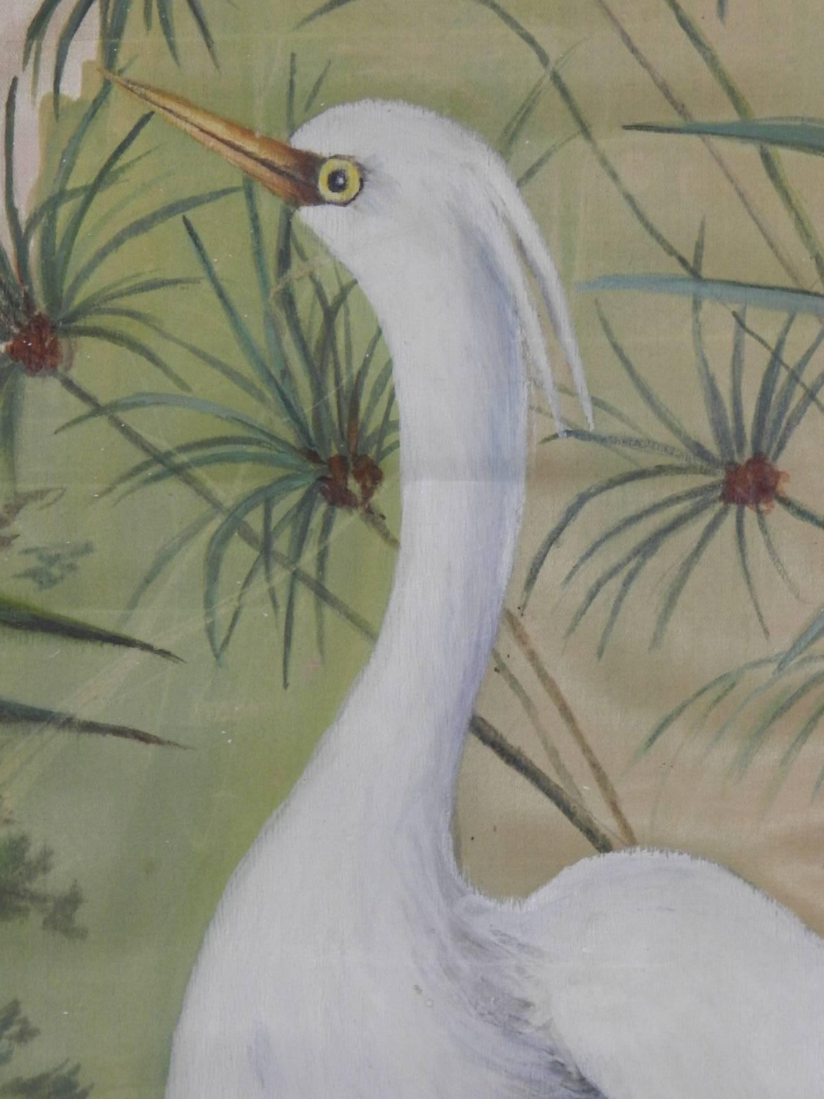 French 19th Century Painting on Silk Cranes Signed Ines Maisonnabe Chinoiserie For Sale