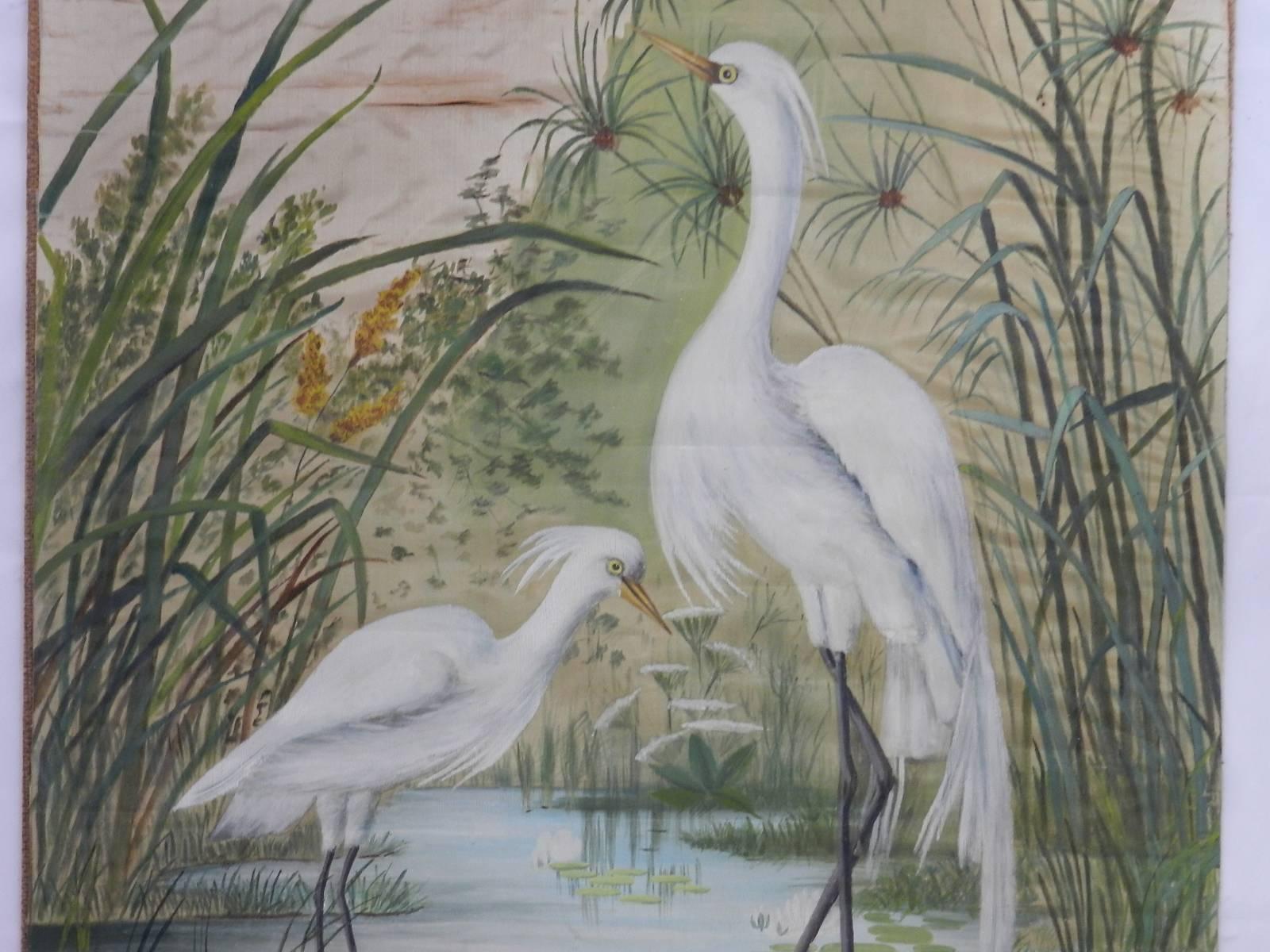 Painted 19th Century Painting on Silk Cranes Signed Ines Maisonnabe Chinoiserie For Sale