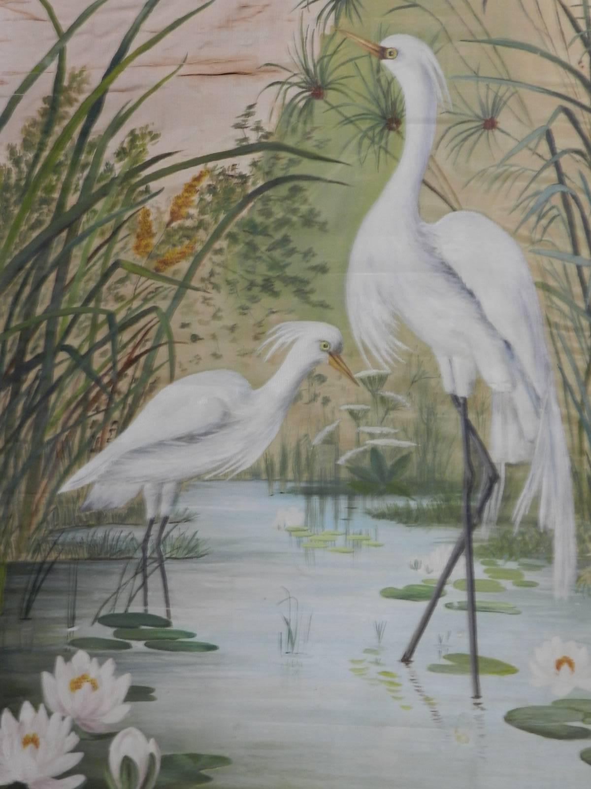 19th Century Painting on Silk Cranes Signed Ines Maisonnabe Chinoiserie In Good Condition For Sale In France, FR