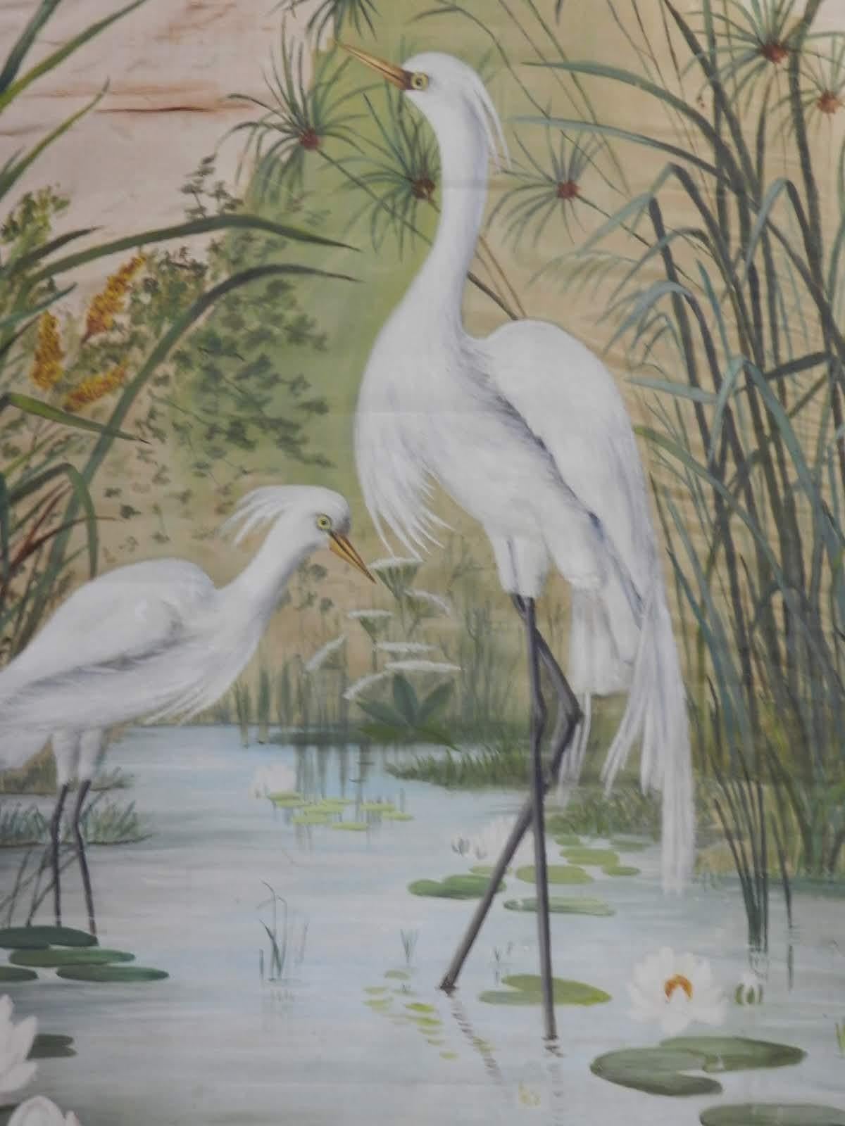 Late 19th Century 19th Century Painting on Silk Cranes Signed Ines Maisonnabe Chinoiserie