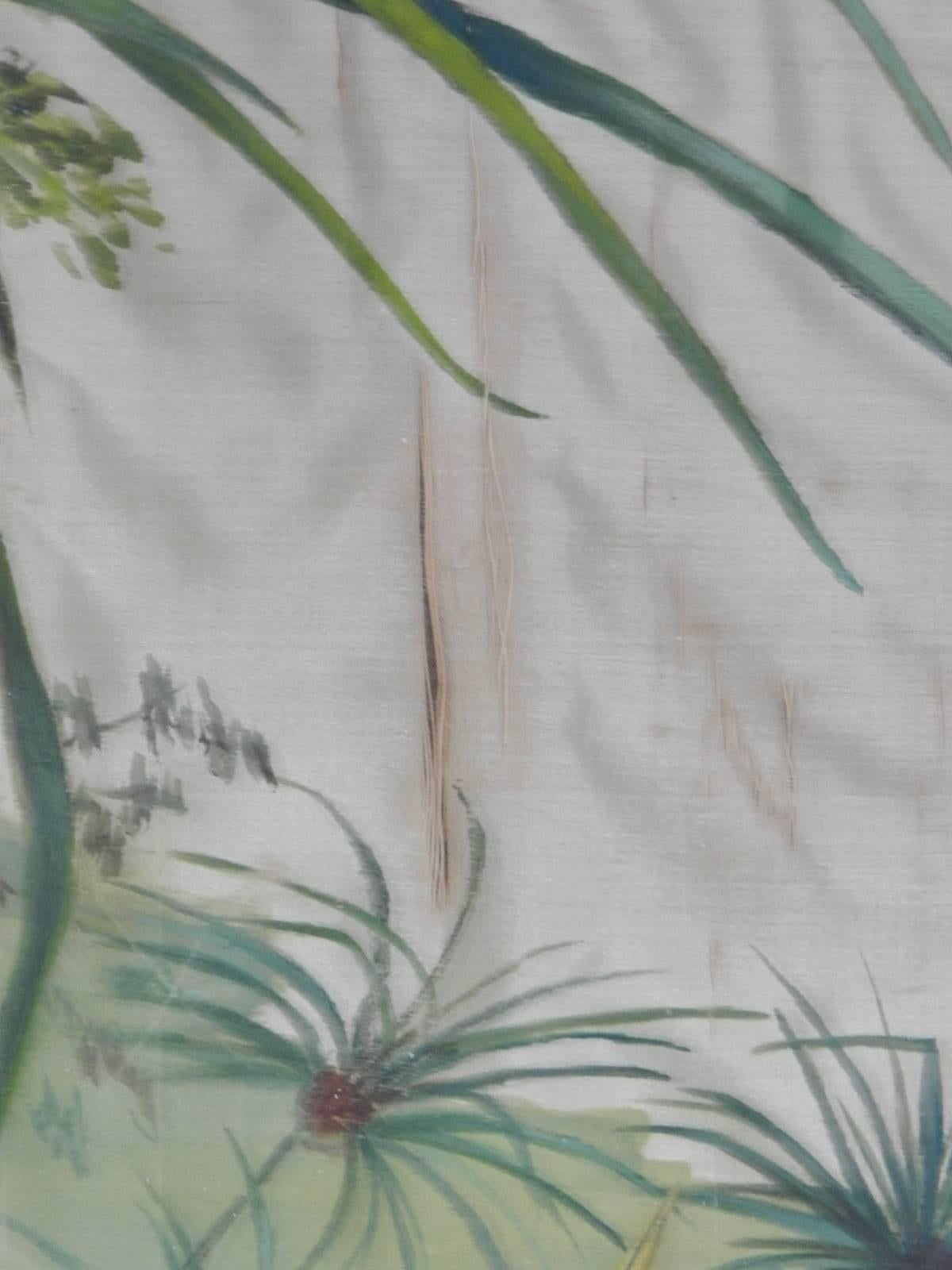 Late 19th Century 19th Century Painting on Silk Cranes Signed Ines Maisonnabe Chinoiserie For Sale