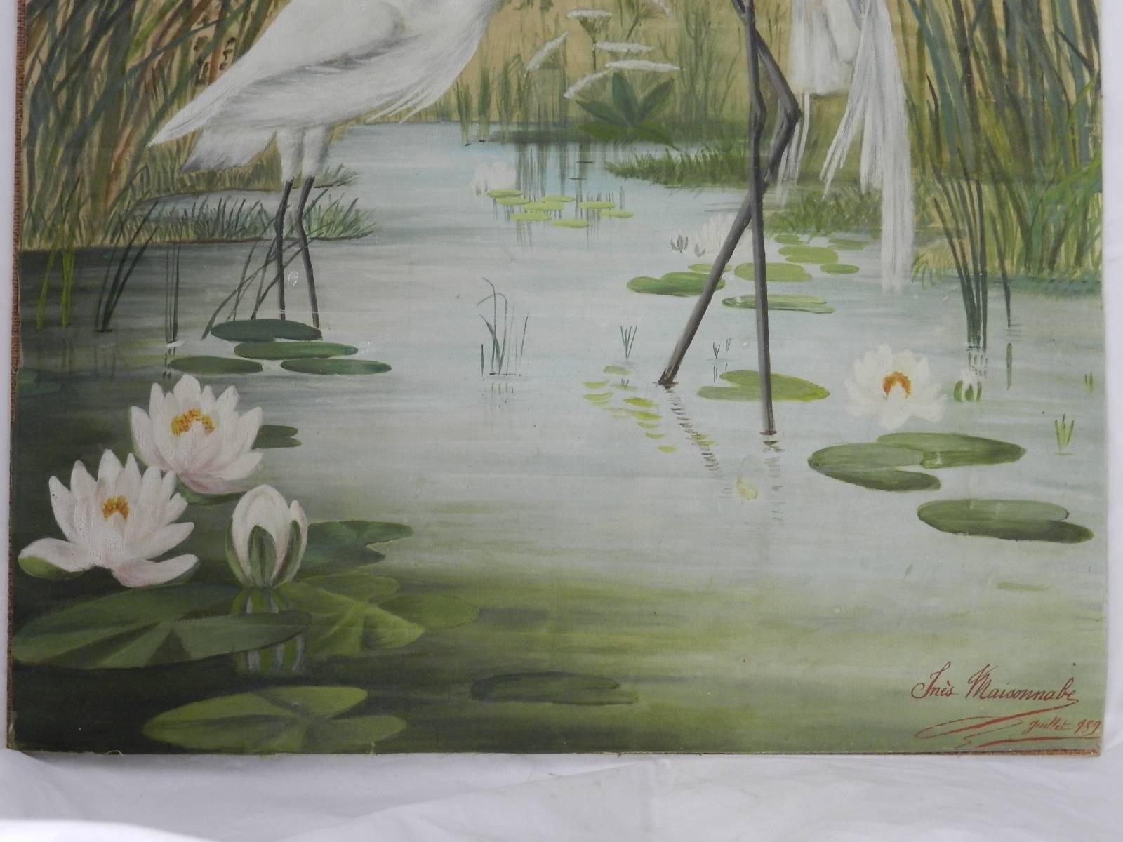 19th Century Painting on Silk Cranes Signed Ines Maisonnabe Chinoiserie For Sale 1