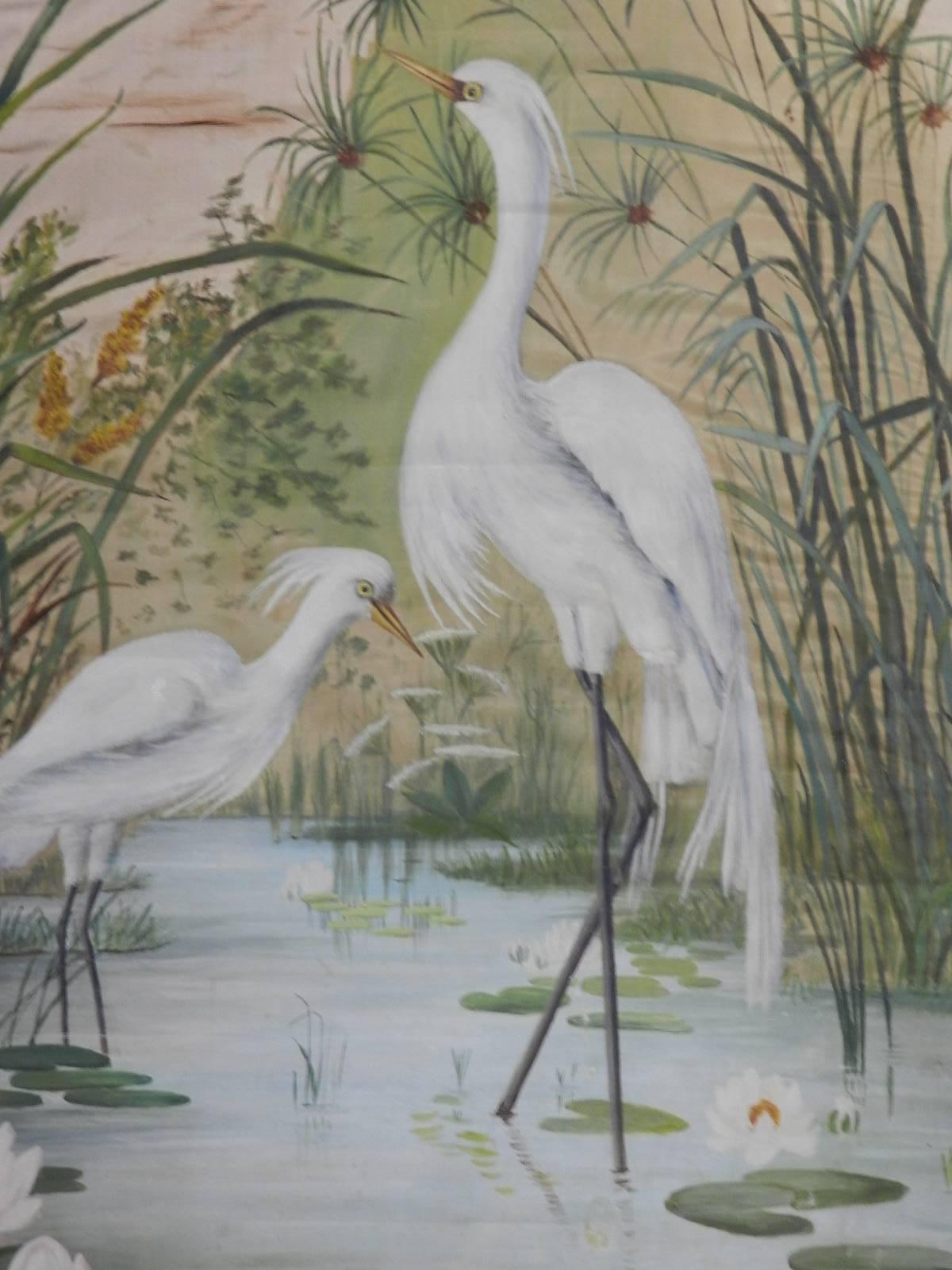 19th Century Painting on Silk Cranes Signed Ines Maisonnabe Chinoiserie For Sale 2