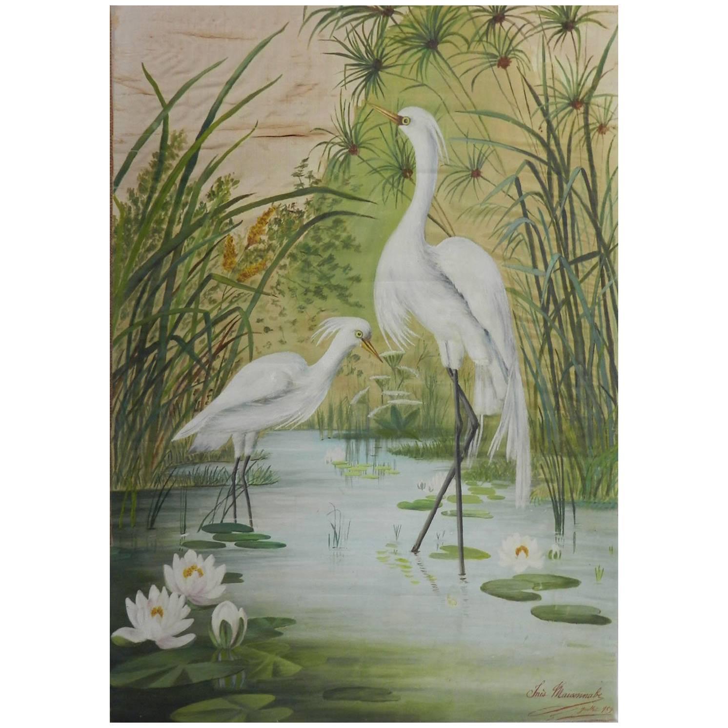 19th Century Painting on Silk Cranes Signed Ines Maisonnabe Chinoiserie For Sale