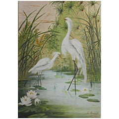 19th Century Painting on Silk Cranes Signed Ines Maisonnabe Chinoiserie
