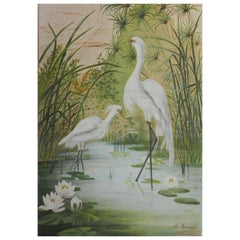 19th Century Painting on Silk Cranes Signed Ines Maisonnabe Chinoiserie