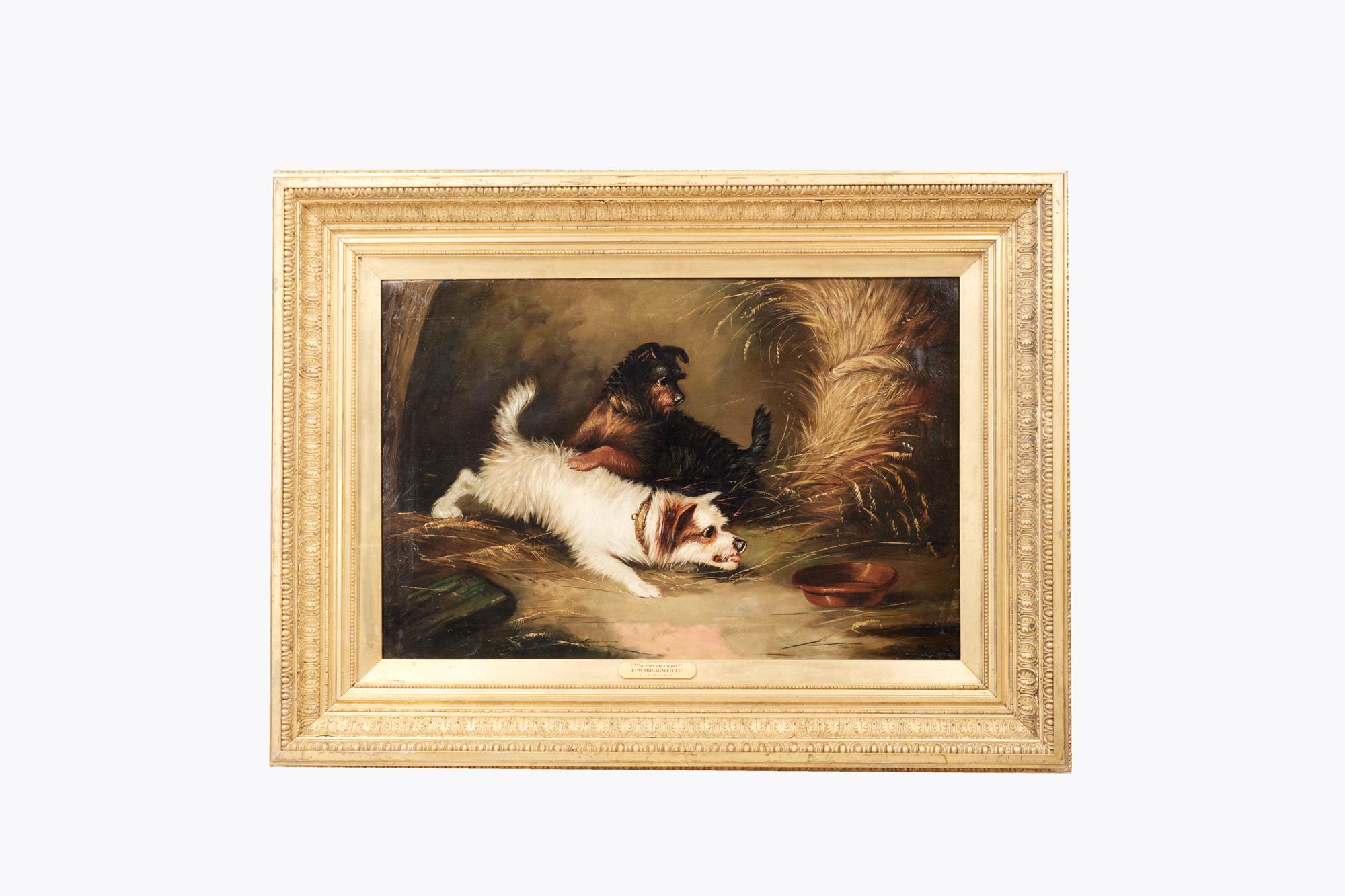 19th Century painting titled 'Who Stole My Supper?' by Edward Armfield (1817-1896)

Well known for his paintings of dogs and brother to artist George Armfield this painting depicts a humorous scene featuring a pair of Terrier dogs in a stable,
