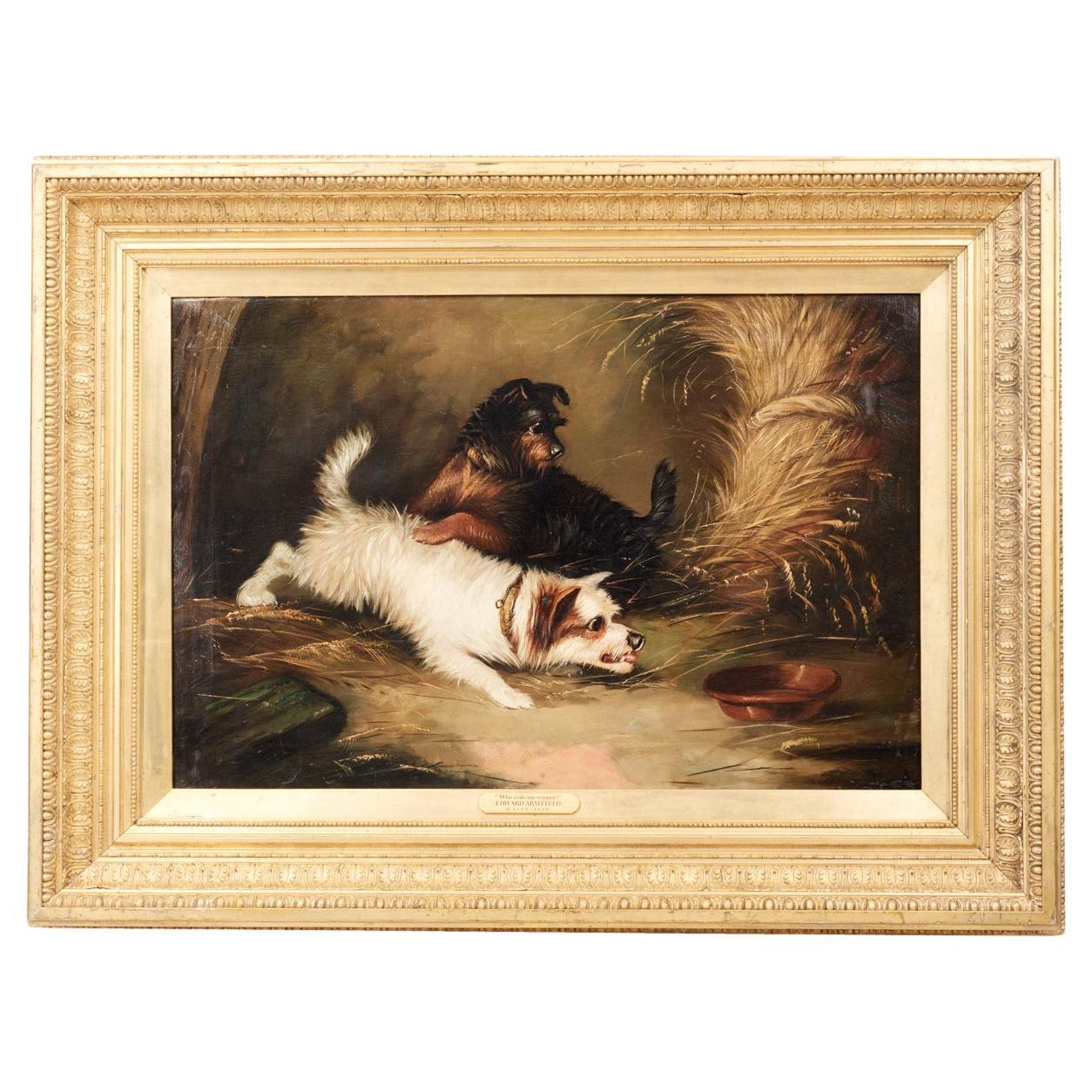 Dipinto del XIX secolo intitolato "Chi ha rubato la mia cena?". in vendita