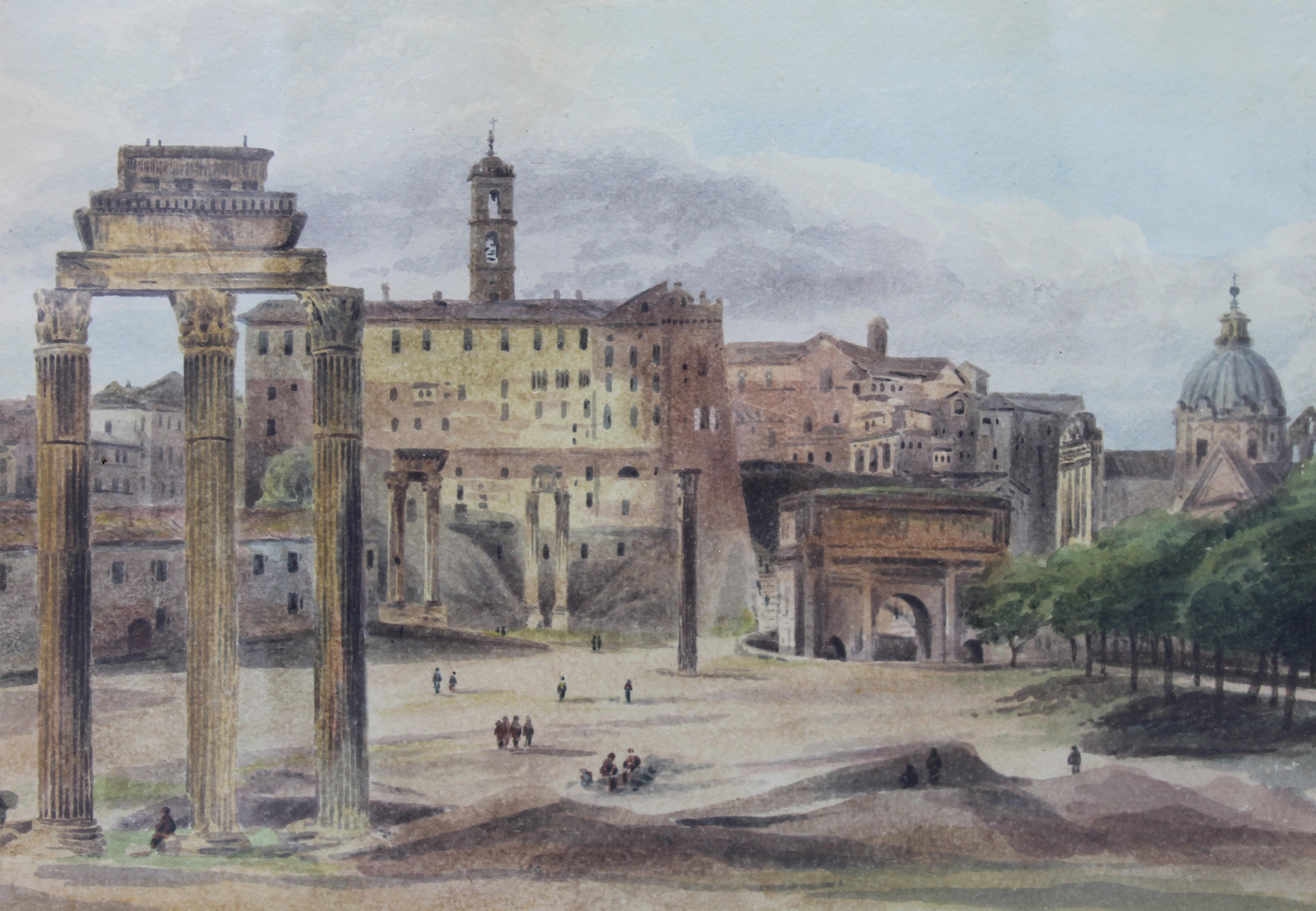 This view of the Roman Forum show a daily scenes of Roman life before the complete Campaign excavation; painted by John Thomas Ibbetson, later Sir John Thomas Selwyn, 6th Bart (sometimes Selwin), Ibbetson was born in 1789, younger son of Sir James