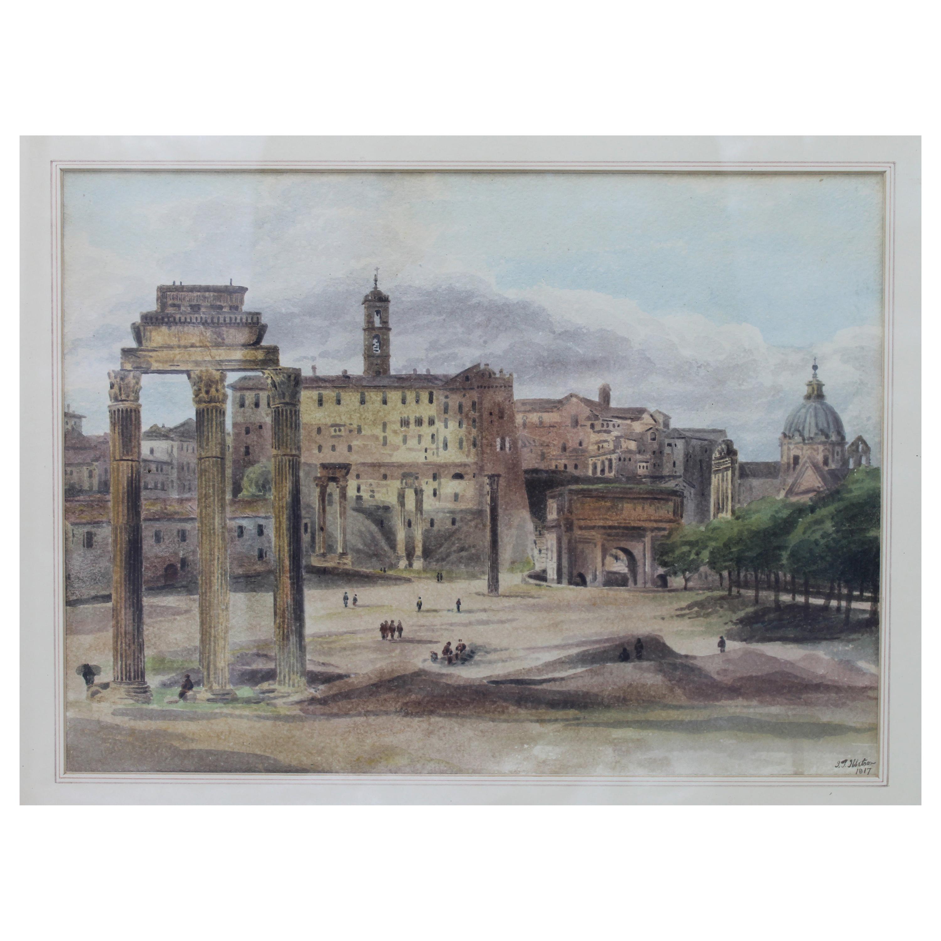 19th Century Painting Watercolor View of Roman Forum by Ibbetson Signed Dated