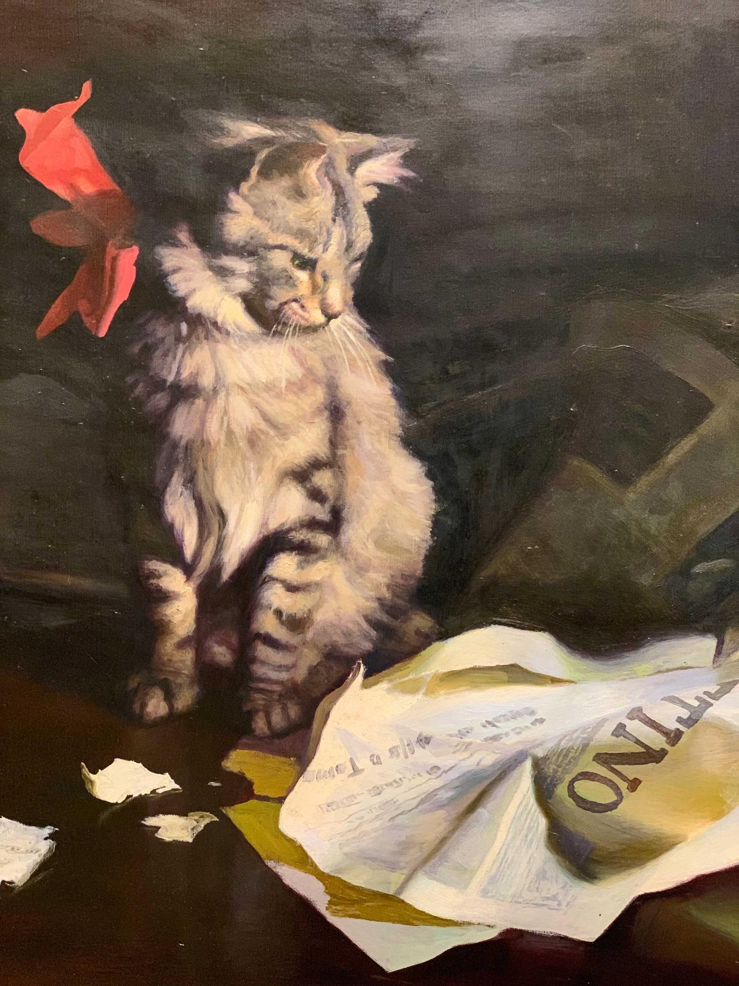 Fun oil painting on canvas depicting a cat playing with the newspaper of 