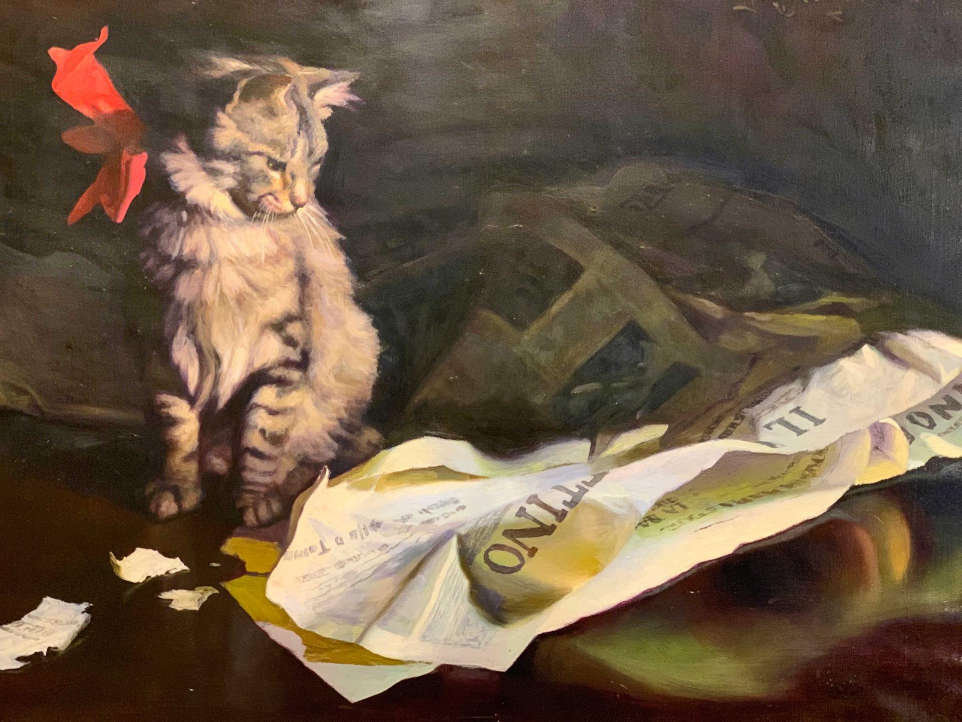 20th Century 19th CENTURY PAINTING WITH CAT GAME AND VENETO 