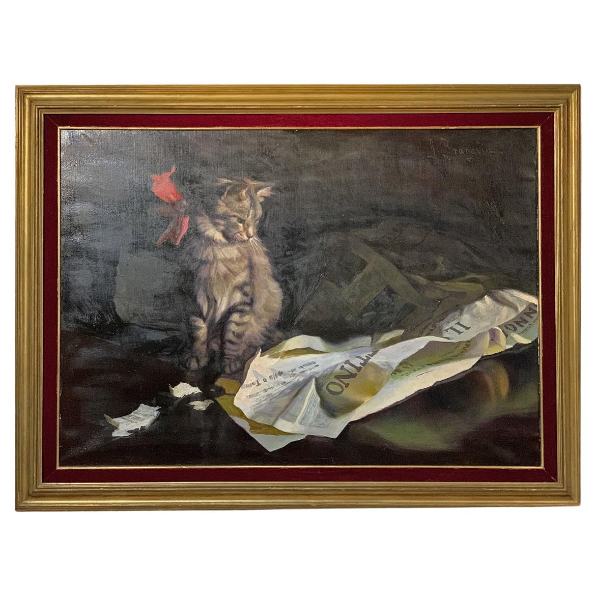 19th CENTURY PAINTING WITH CAT GAME AND VENETO "GAZZETTINO" For Sale