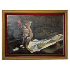 Vintage 19th CENTURY PAINTING WITH CAT GAME AND VENETO "GAZZETTINO"