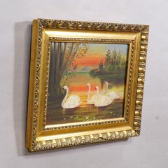 19th Century Painting with Swans on a Lake at Sunset