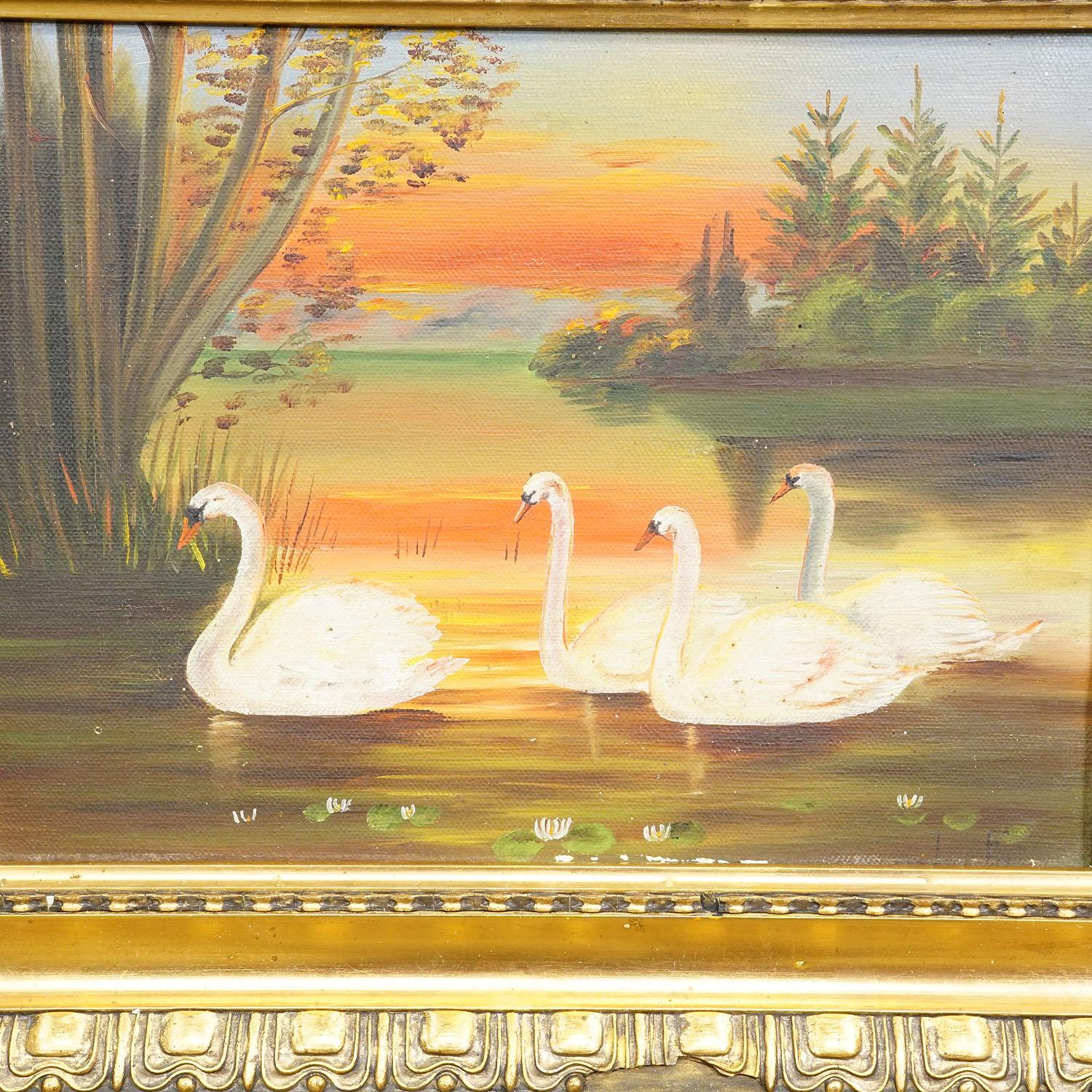 Country 19th Century Painting with Swans on a Lake at Sunset For Sale