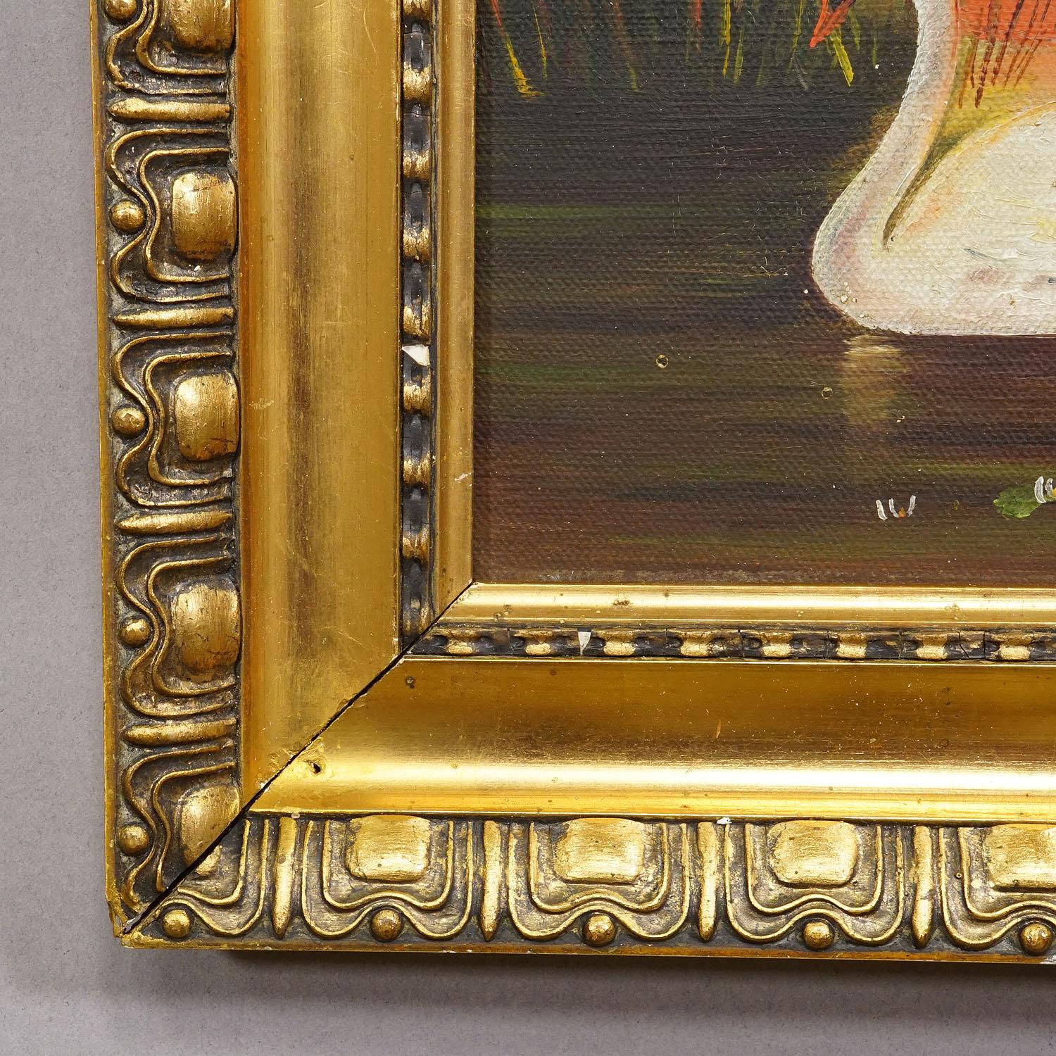 German 19th Century Painting with Swans on a Lake at Sunset For Sale