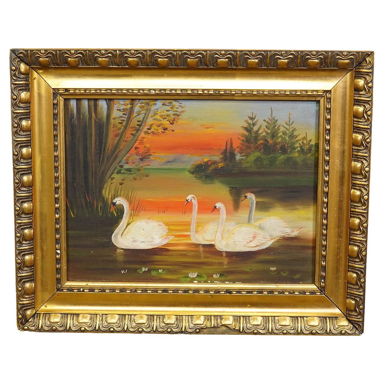 19th Century Painting with Swans on a Lake at Sunset