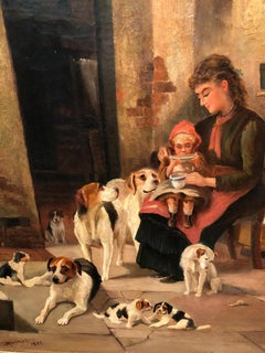 19th Century Painting with Young Mother and Beagle Dogs