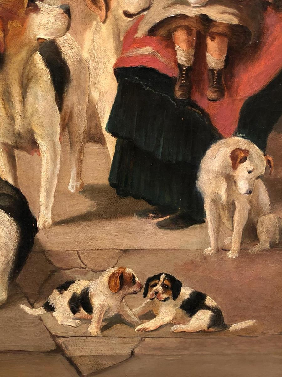 Gemälde mit jungen Mutter und Adlerhunden aus dem 19. Jahrhundert (Sonstiges) im Angebot