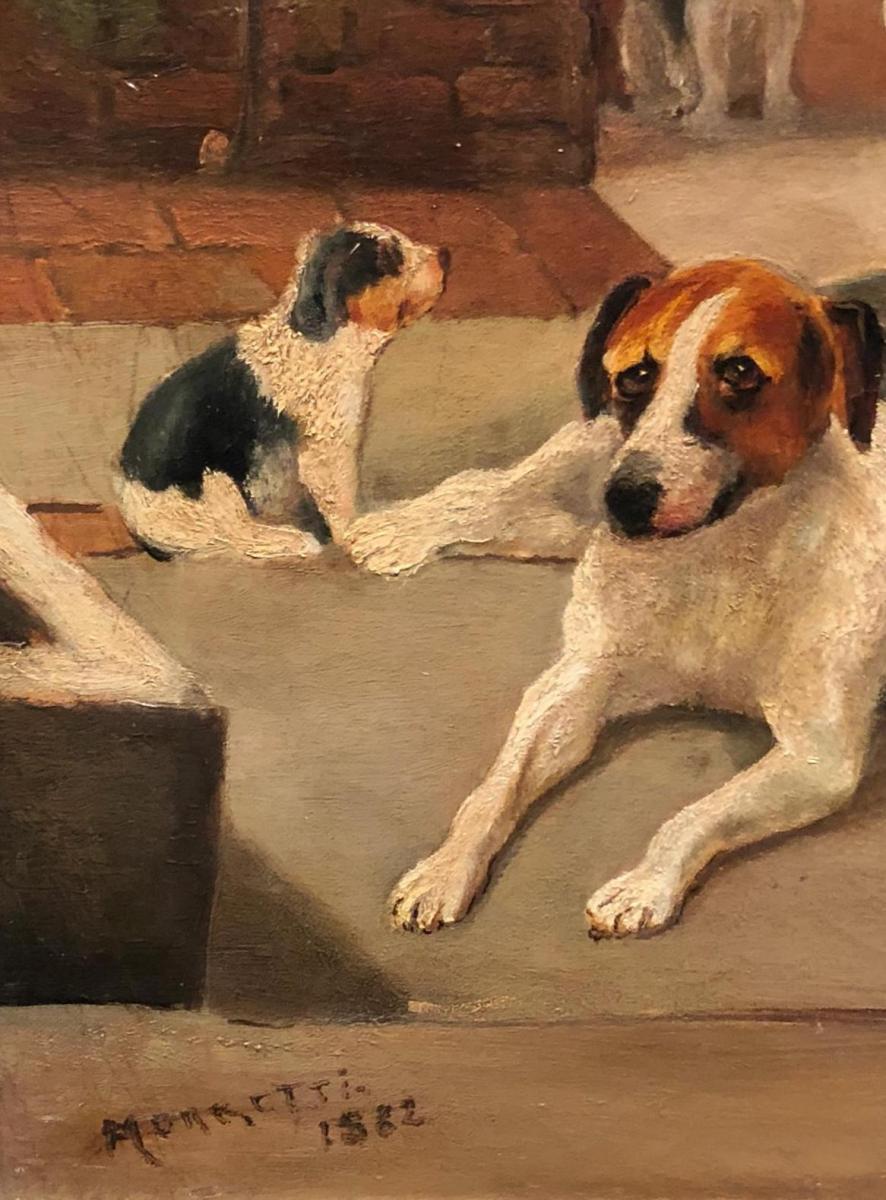 Other 19th Century Painting with Young Mother and Beagle Dogs For Sale