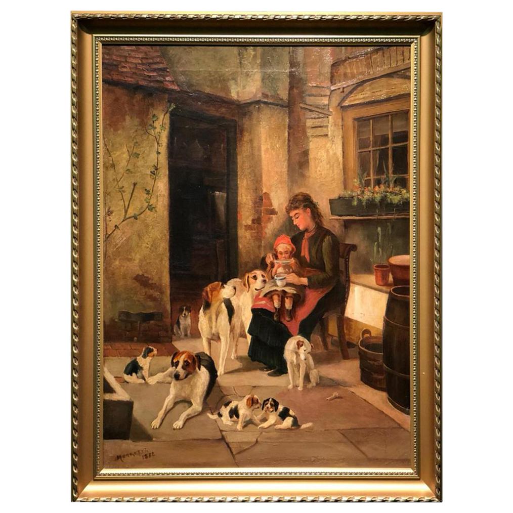 19th Century Painting with Young Mother and Beagle Dogs For Sale